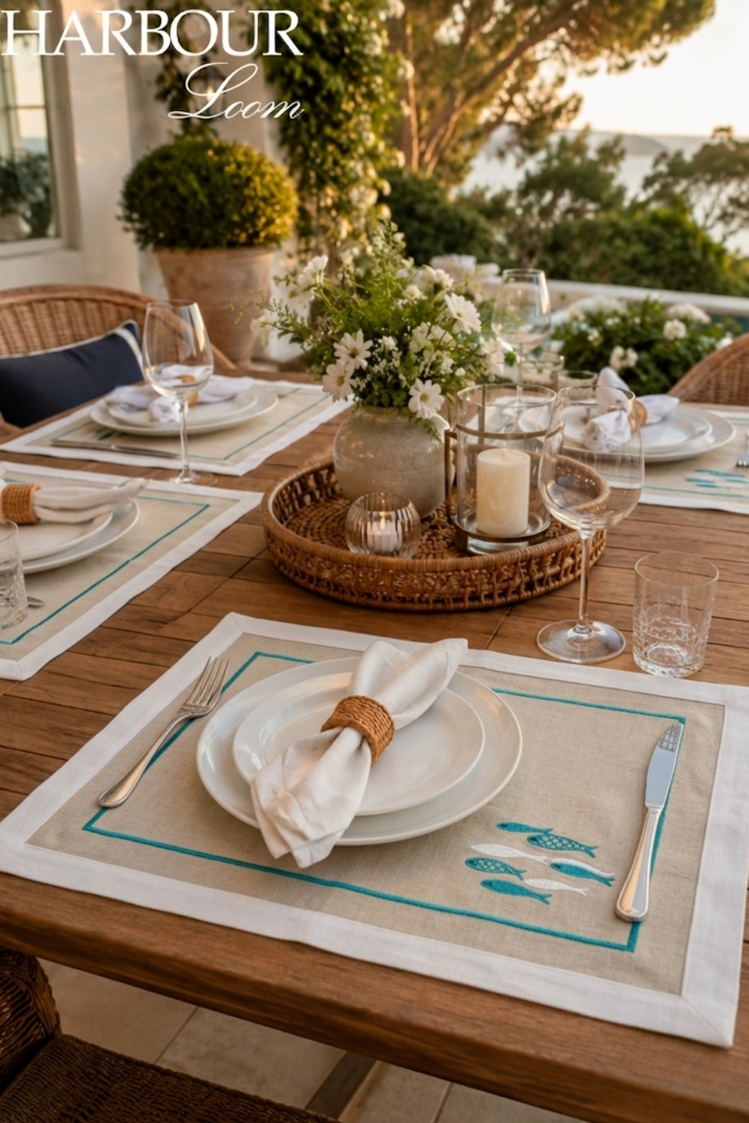Elegant outdoor dining table setting with placemats, cutlery, and glasses on a wooden table.
