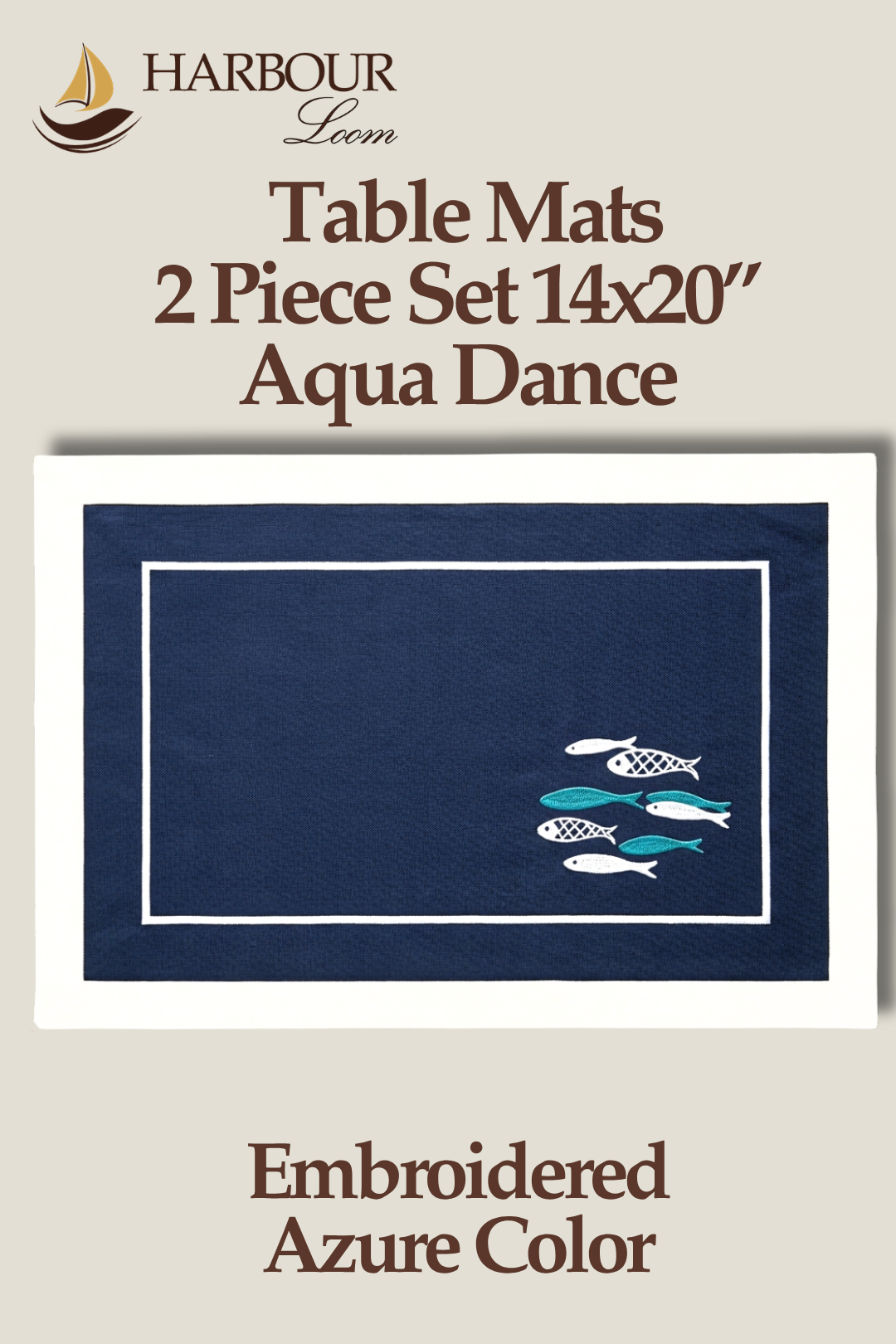 Table mat set with fish design on a blue background, branded 'Harbour Loom'.