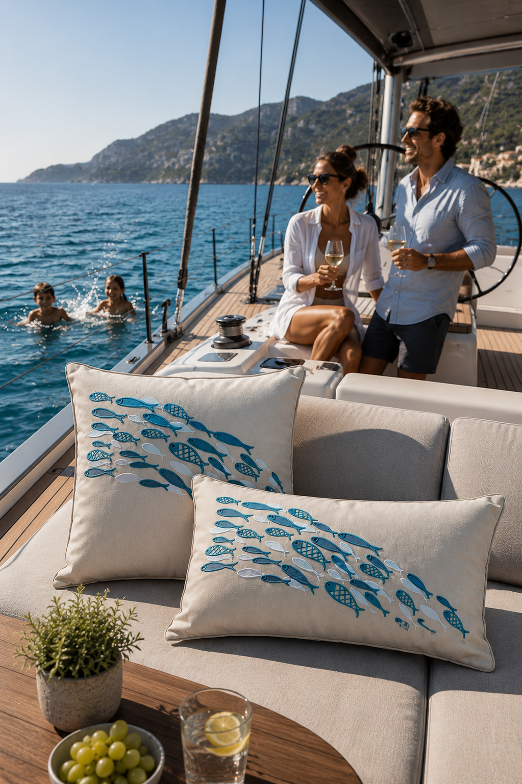 Aqua Dance Embroidered Pillow Cover – Sand | 16x24"