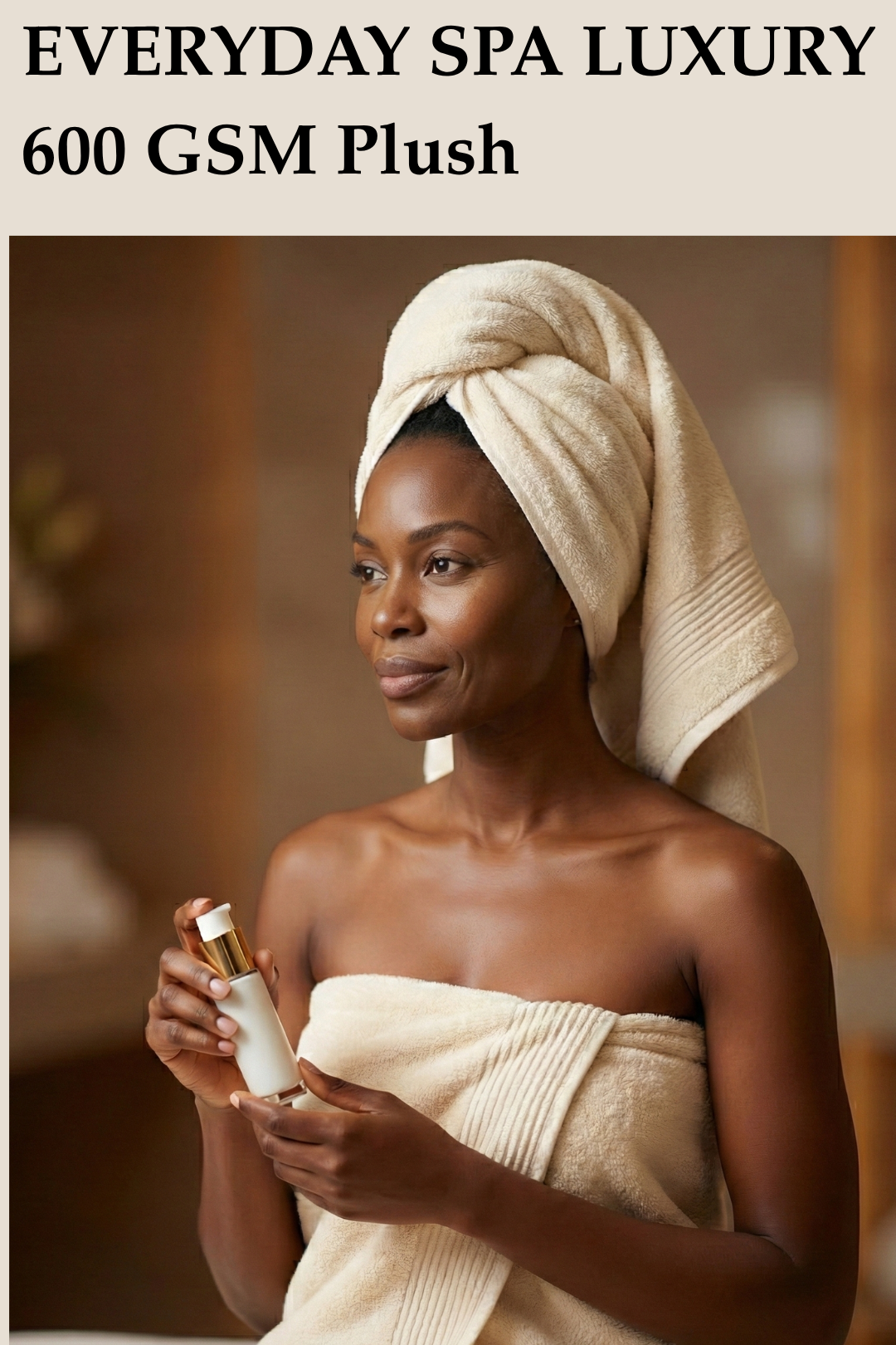 A woman wrapped in a luxurious "Bath Towel Harbourloom Cream Ivory 600 GSM super soft.jpg" in a spa setting, highlighting the elegant cream tone and soft texture.