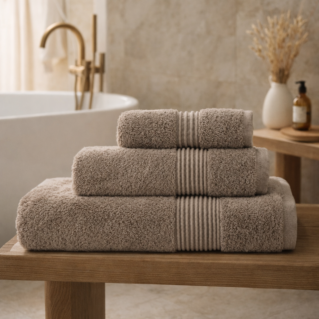 Stack of beige towels on a wooden surface with a bathroom setting in the background.