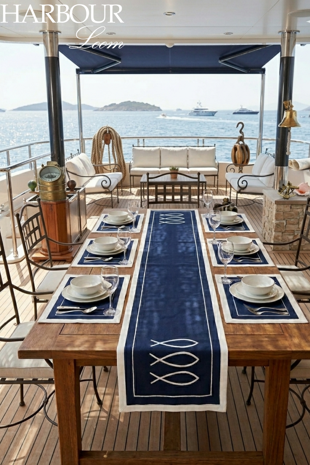 Dining setup on a boat with a table, chairs, and a decorative table runner.