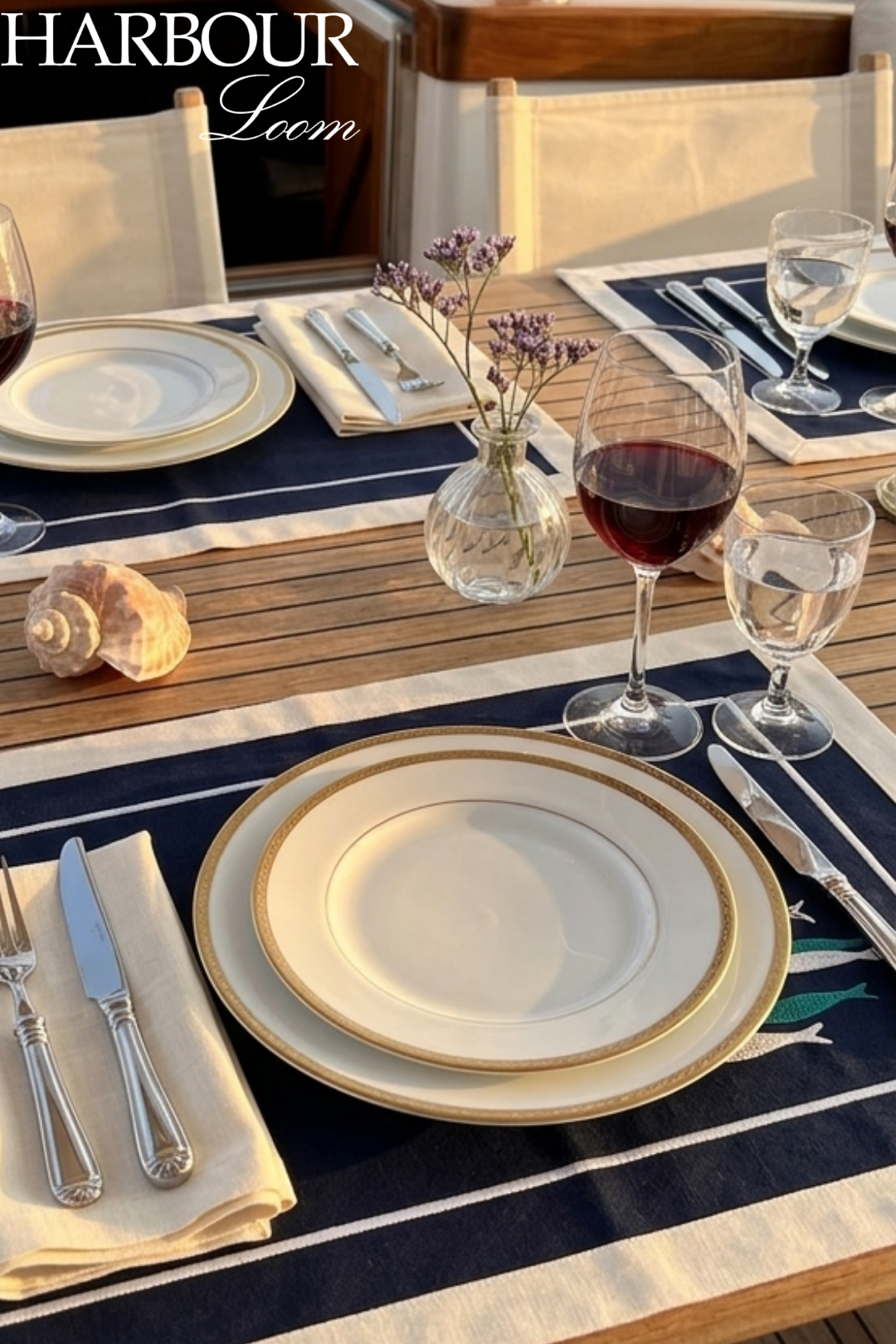 Dining setup on a boat with plates, glasses, and cutlery on a striped tablecloth.