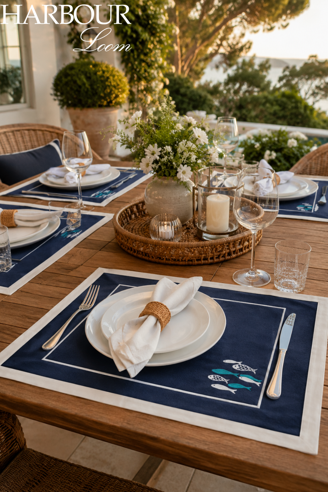Dining table set with Harbour Loam placemats, cutlery, and glasses outdoors.