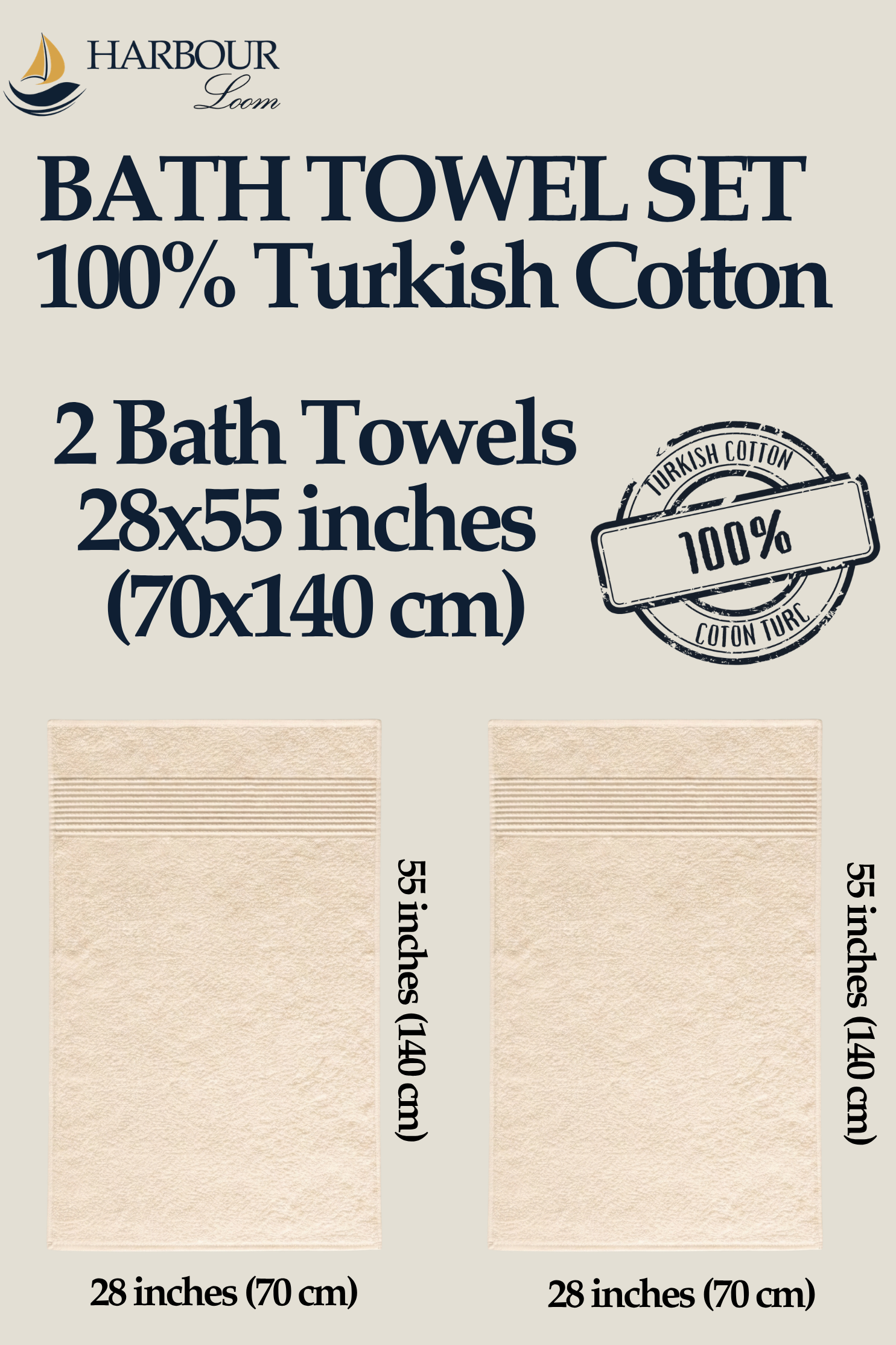 Luxury cream Turkish cotton bath towel set of 2, premium quality bathroom towel bundle.