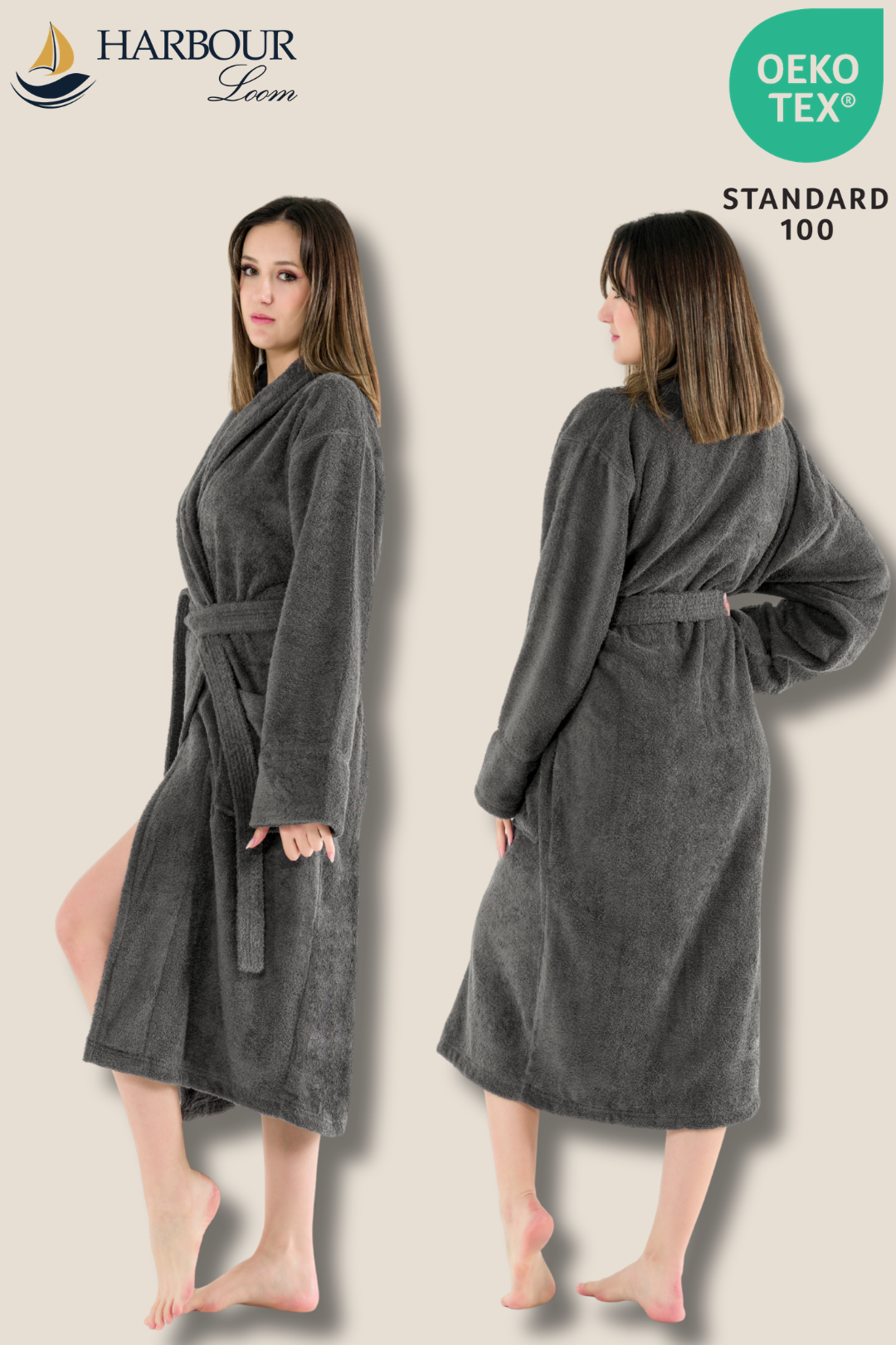 Side and back angles of a woman modeling the plush, OEKO-TEX certified dark grey Turkish cotton bathrobe