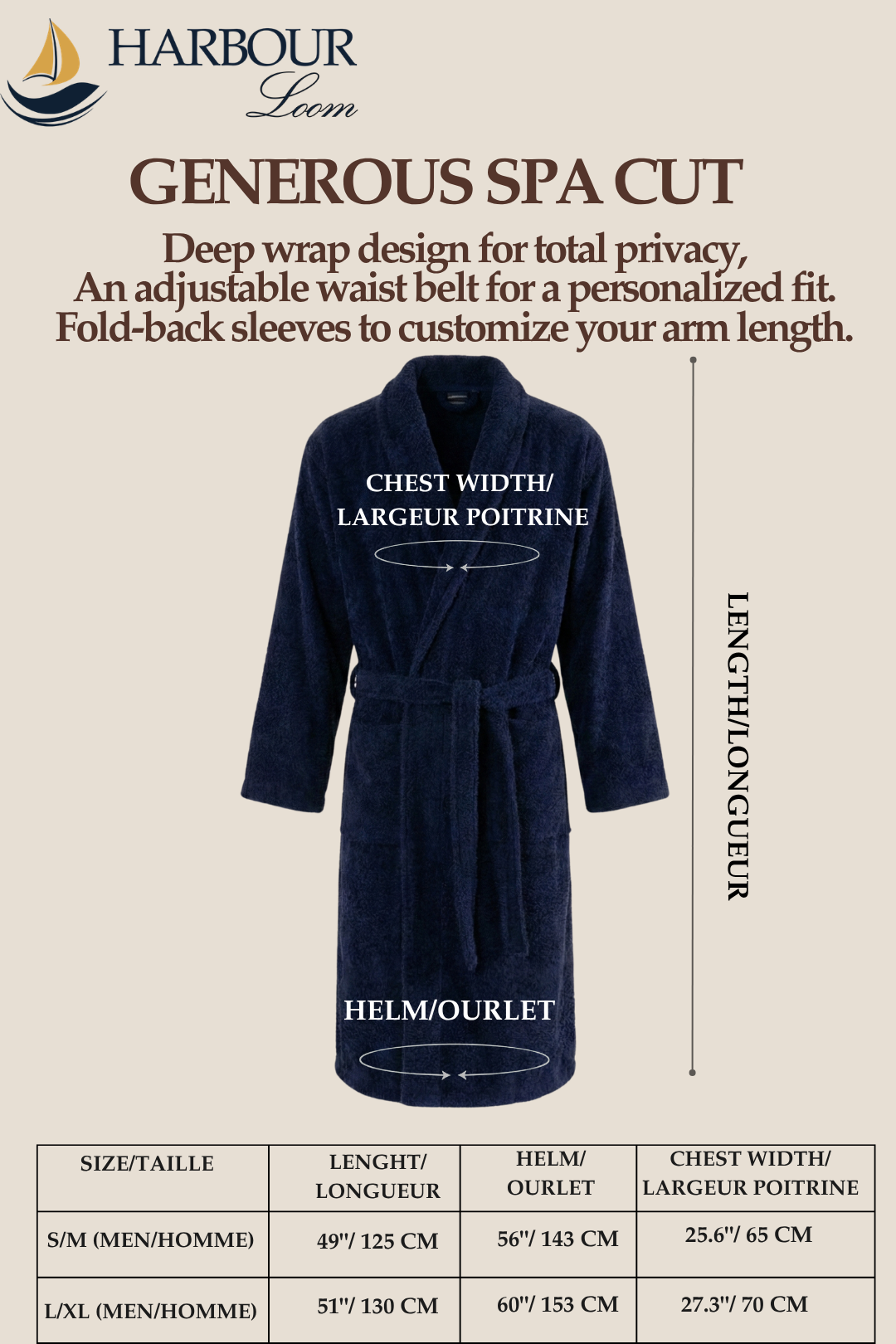 Navy robe with size chart and measurements on a beige background