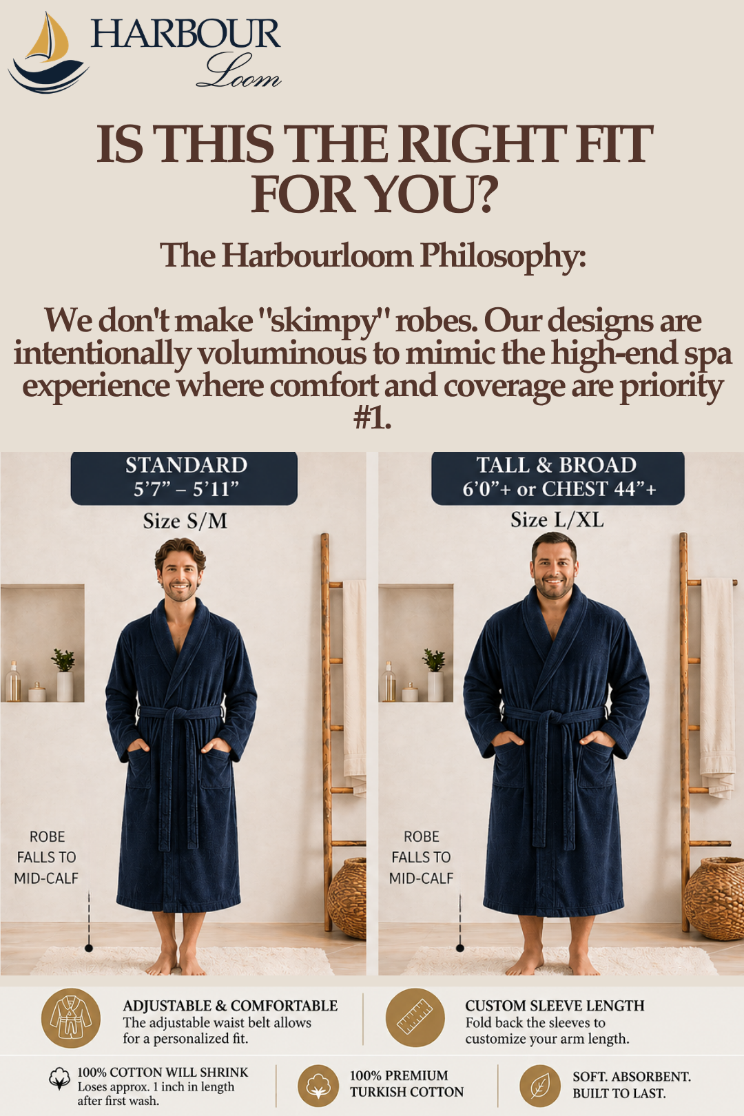 Harbourloom robe size chart with two models wearing robes, showcasing different sizes and lengths.