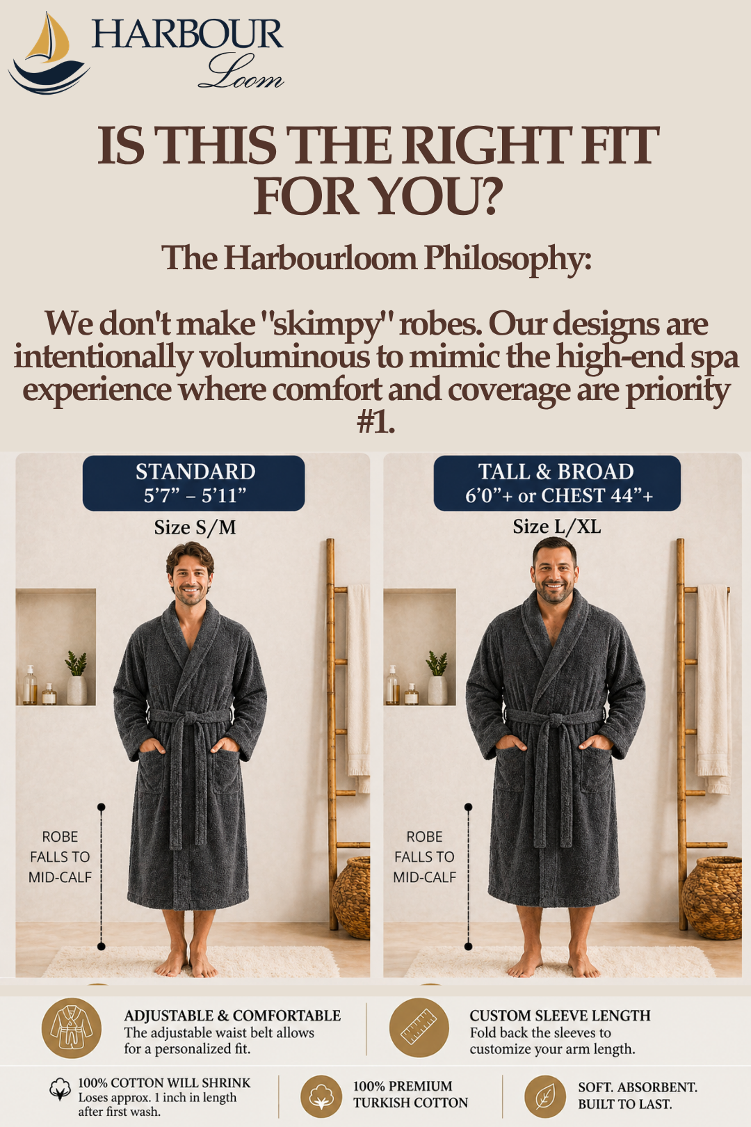 Harbourloom robe size chart with two models wearing robes, showcasing different sizes.