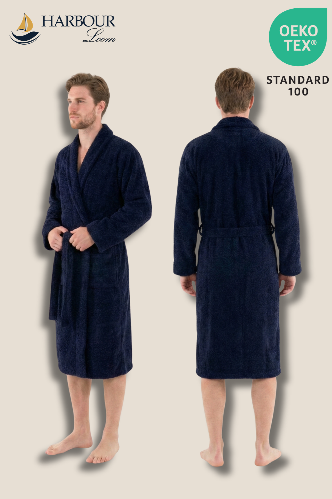 Navy blue robe worn by a man on a beige background with Harbour Lee branding.