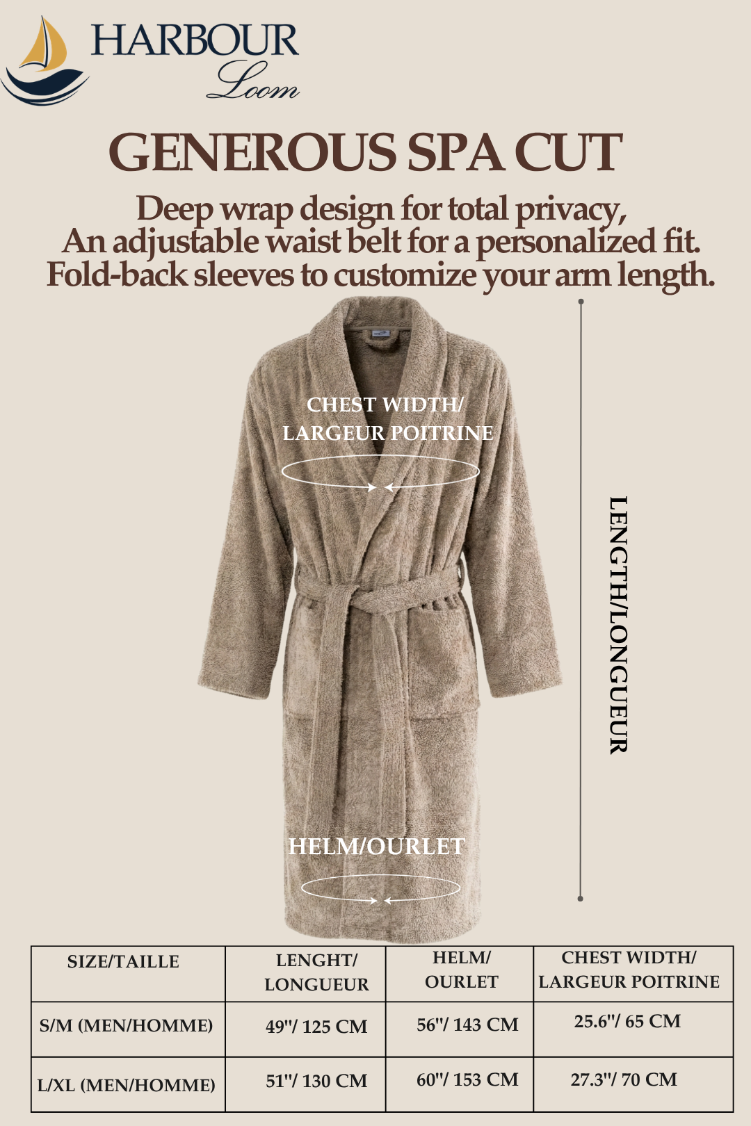 Sizing chart and dimension guide for Harbour Loom mens spa robes, showing measurements for length, helm, and chest width for sizes Small/Medium and Large/X-Large.