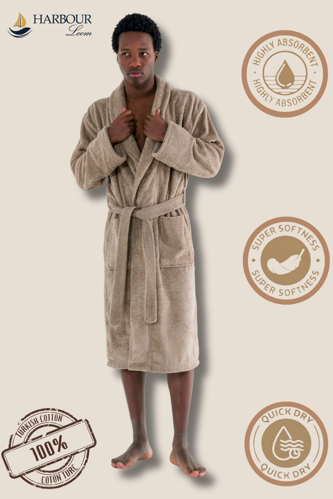 A man wearing a premium Harbour Loom taupe brown 100% Turkish cotton spa bathrobe with front pockets and an adjustable tie waist belt. Graphic badges highlight highly absorbent, super softness, and quick dry features.