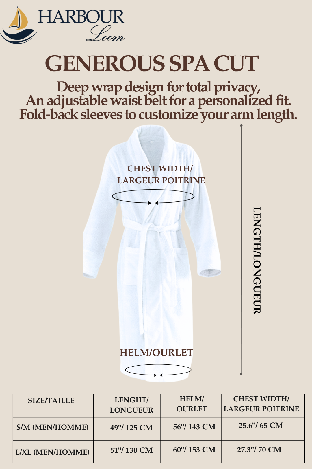 Sizing chart and dimension guide for the Harbour Loom white mens spa robe, displaying measurements for length, helm, and chest width for sizes Small/Medium and Large/X-Large