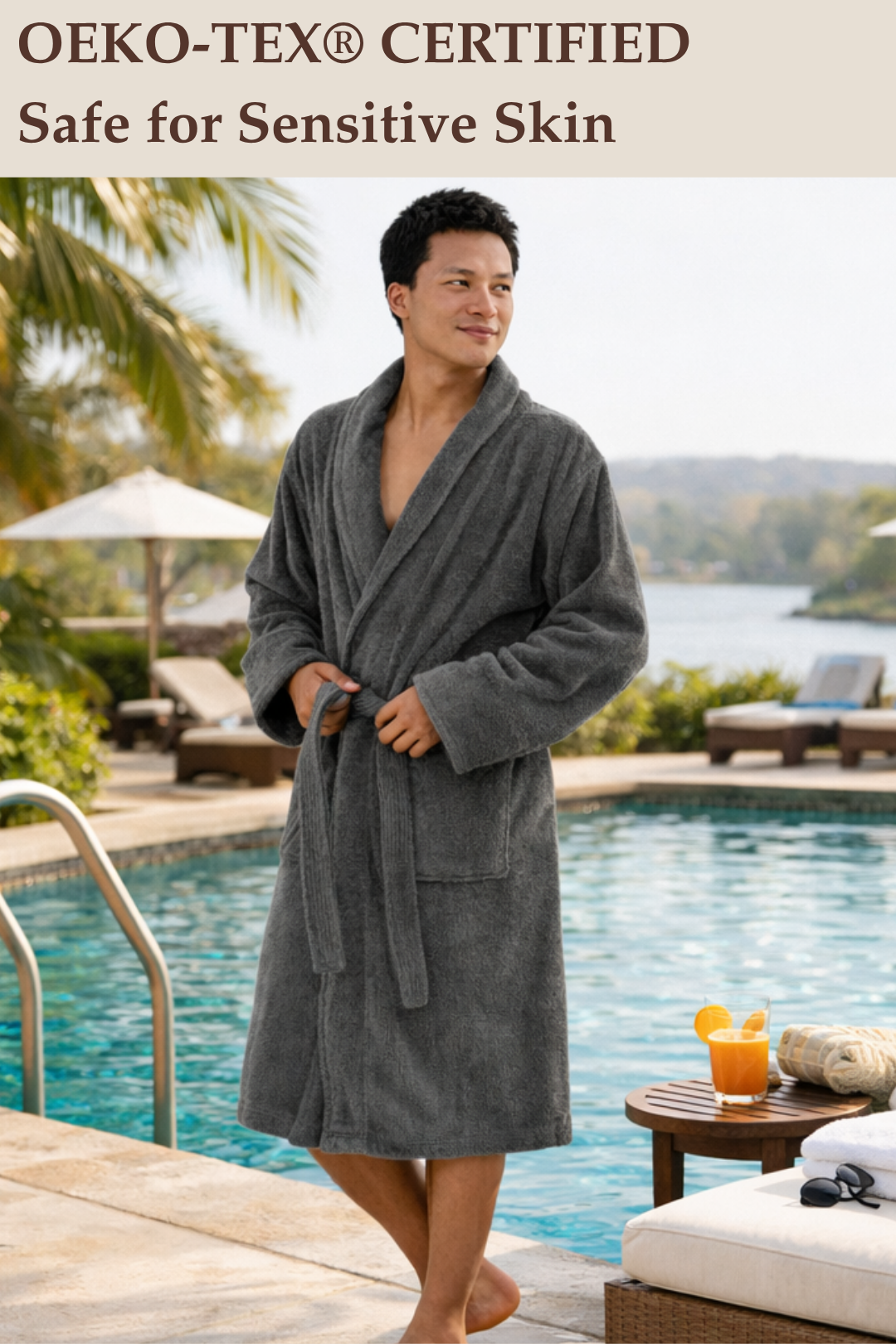 A man relaxed in a cloud-soft, luxury Harbour Loom silver grey 100% Turkish cotton mens bathrobe.