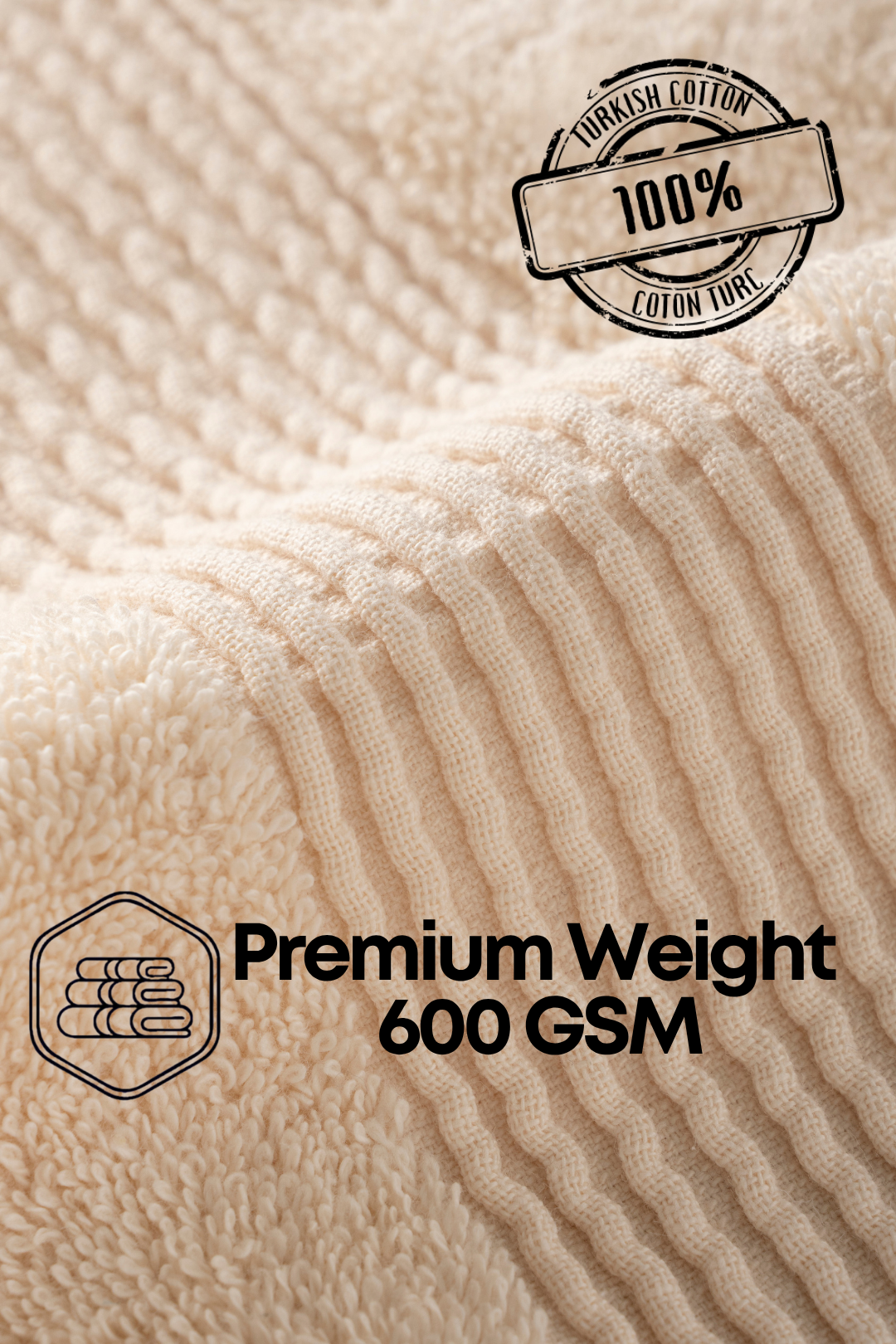 Three-piece Harbourloom ivory beige towel set bundle, OEKO-TEX certified cotton linens for home bathroom styling.