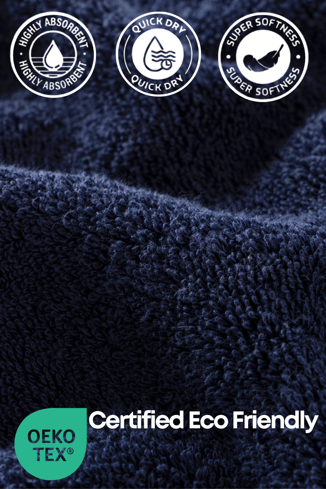 Close-up texture of Harbourloom navy blue Turkish cotton towel with icons for highly absorbent, quick dry, super softness, and OEKO-TEX eco-friendly certification.