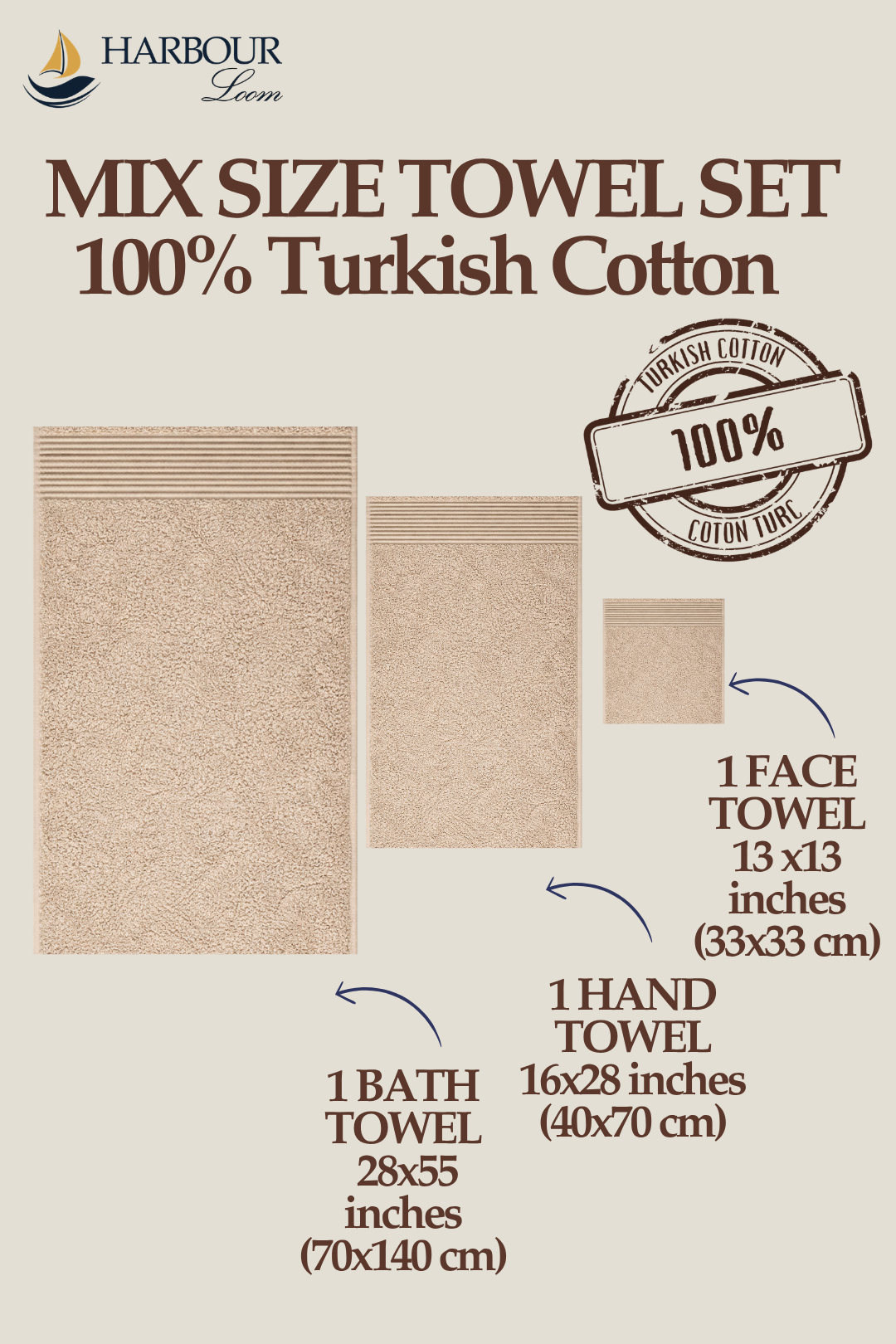 Size guide for Harbourloom taupe brown Turkish cotton towel bundle featuring 70x140cm bath towel, 40x70cm hand towel, and 33x33cm face cloth.