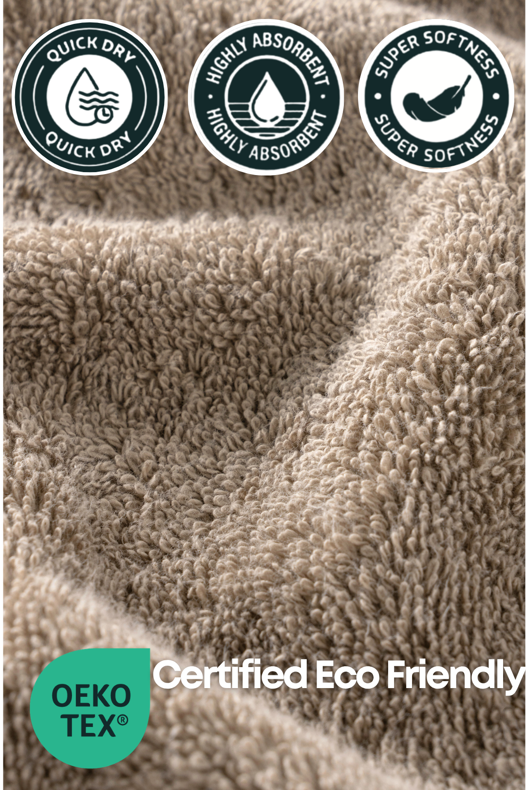 Texture shot of a Harbourloom taupe brown towel showcasing the high-absorbency pile and OEKO-TEX certified non-toxic fabric quality
