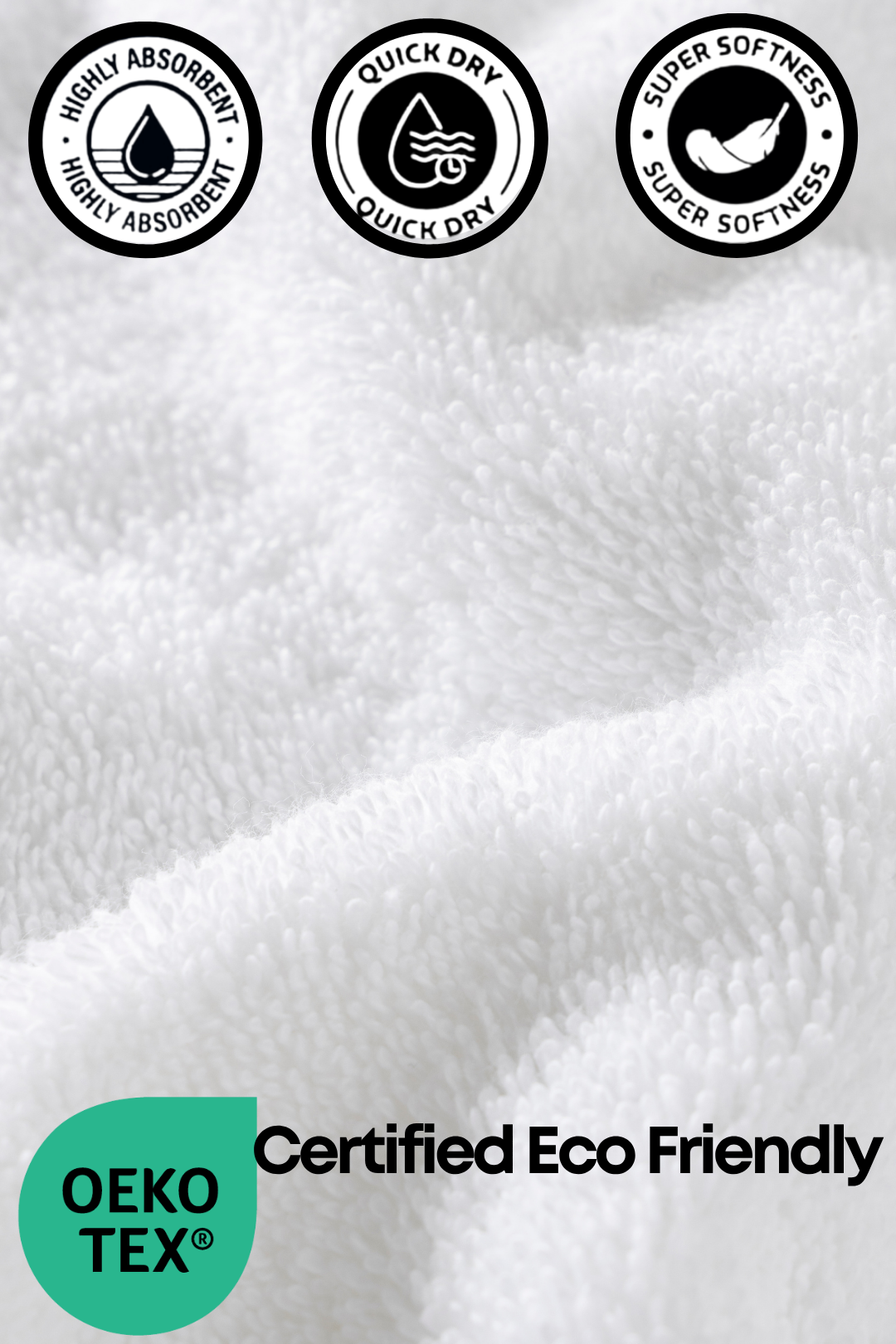 Close-up of a plush white Harbourloom towel featuring the OEKO-TEX logo and quality benefit icons for a luxury, quick-dry bathroom experience.