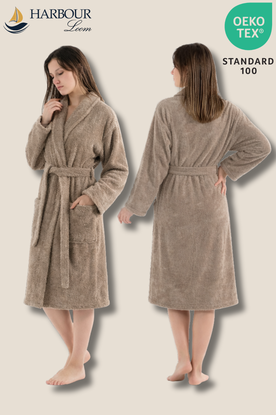 Woman wearing a beige taupe brown robe with front and back views, on a plain background.
