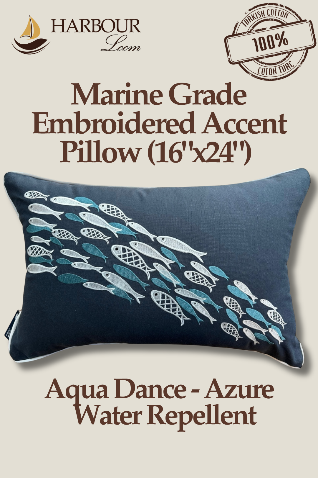 Harbour loom 16x24 Aqua Dance Azure rectangular outdoor throw pillow made of water repellent 100% Turkish cotton, perfect for backyard patio lounge seating