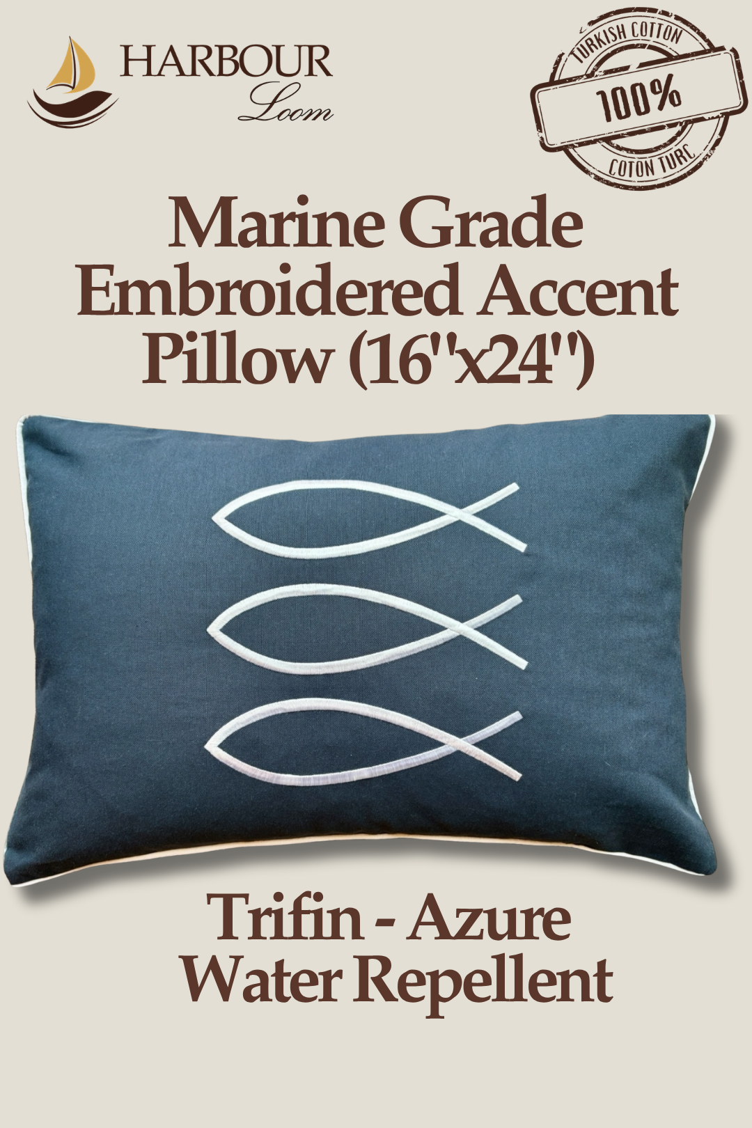 Harbour Loom 16x24 Trifin Azure embroidered lumbar pillow, premium marine grade coastal decor tailored for luxury cottage life.