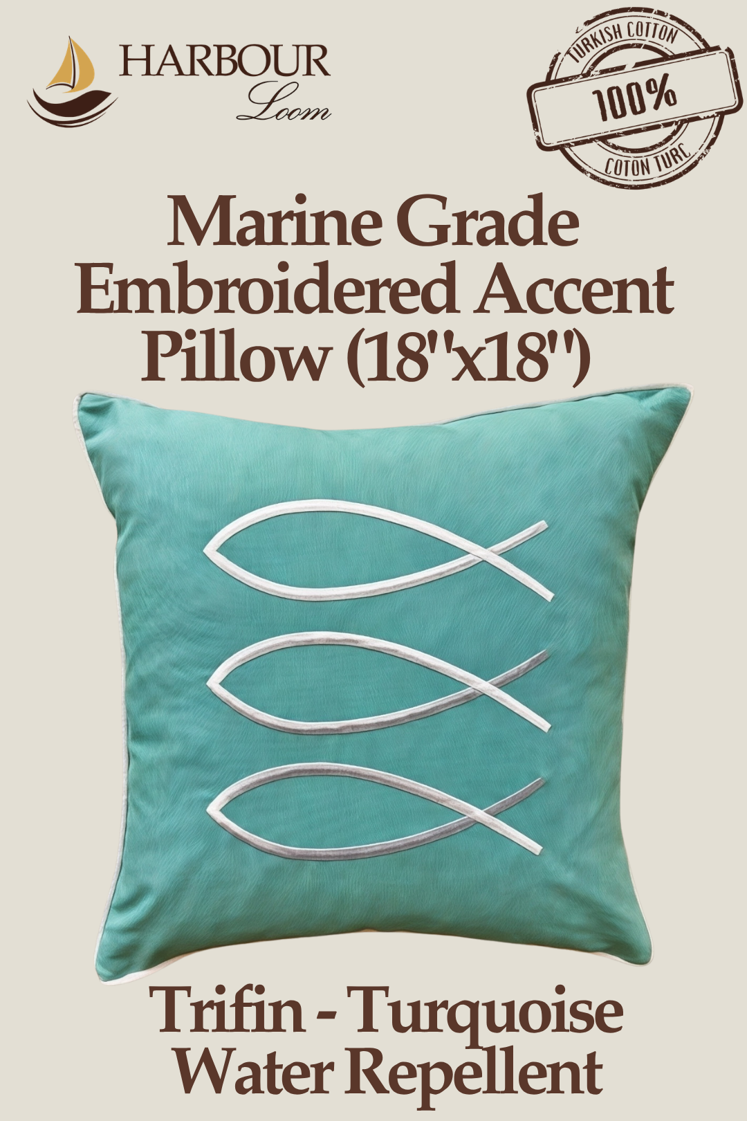 Harbour Loom Marine Grade 18x18 embroidered accent pillow in Trifin Turquoise with white fish embroidery for upscale patio decor