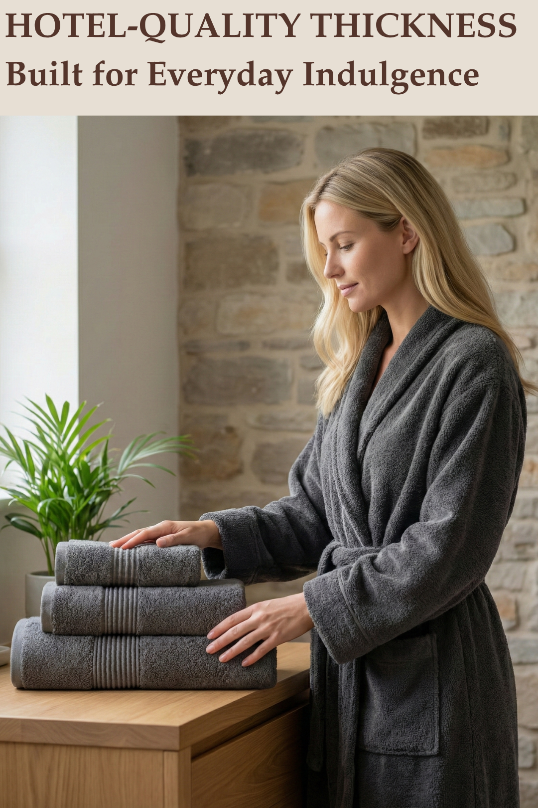 A blonde woman wearing a thick charcoal grey hotel-quality bathrobe touching a stack of matching luxury towels