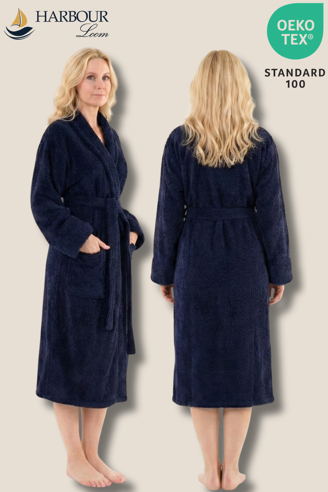Side and back view of the Harbour Loom navy blue Turkish cotton bathrobe highlighting its plush terry toweling texture and OEKO-TEX certification.