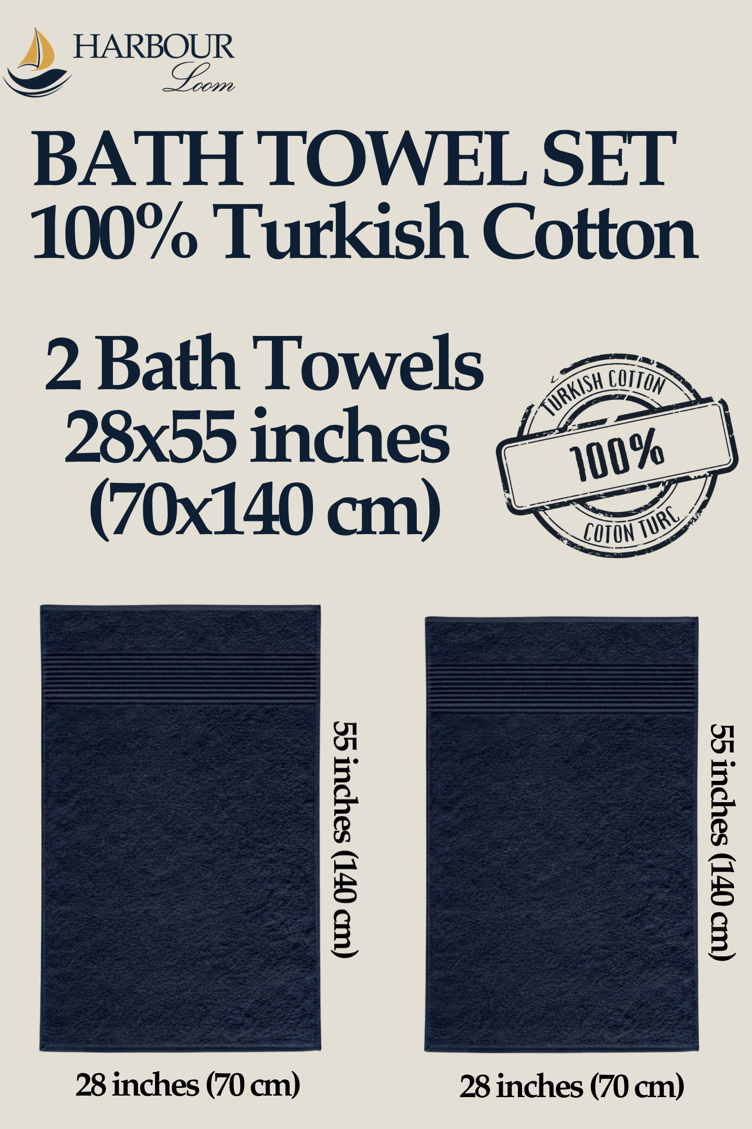 2-piece navy blue Turkish cotton bath towel set, large 28x55 inch bathroom towels.