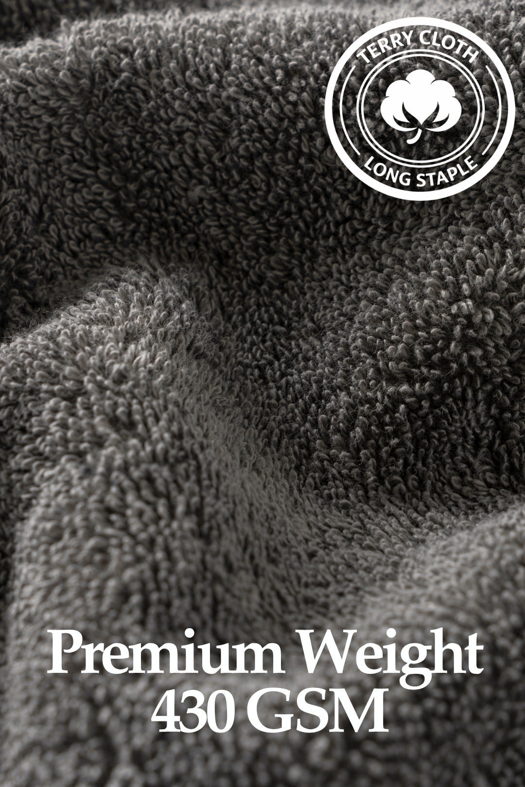 Close-up texture shot of the premium 430 GSM long-staple Turkish cotton terry cloth fabric in deep charcoal grey