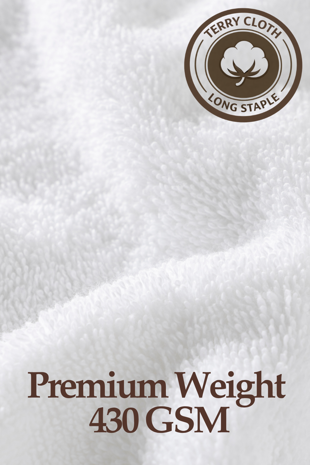 Close-up of terry cloth fabric with a label indicating 'Premium Weight 430 GSM' and 'Terry Cloth Long Staple' on a white background.