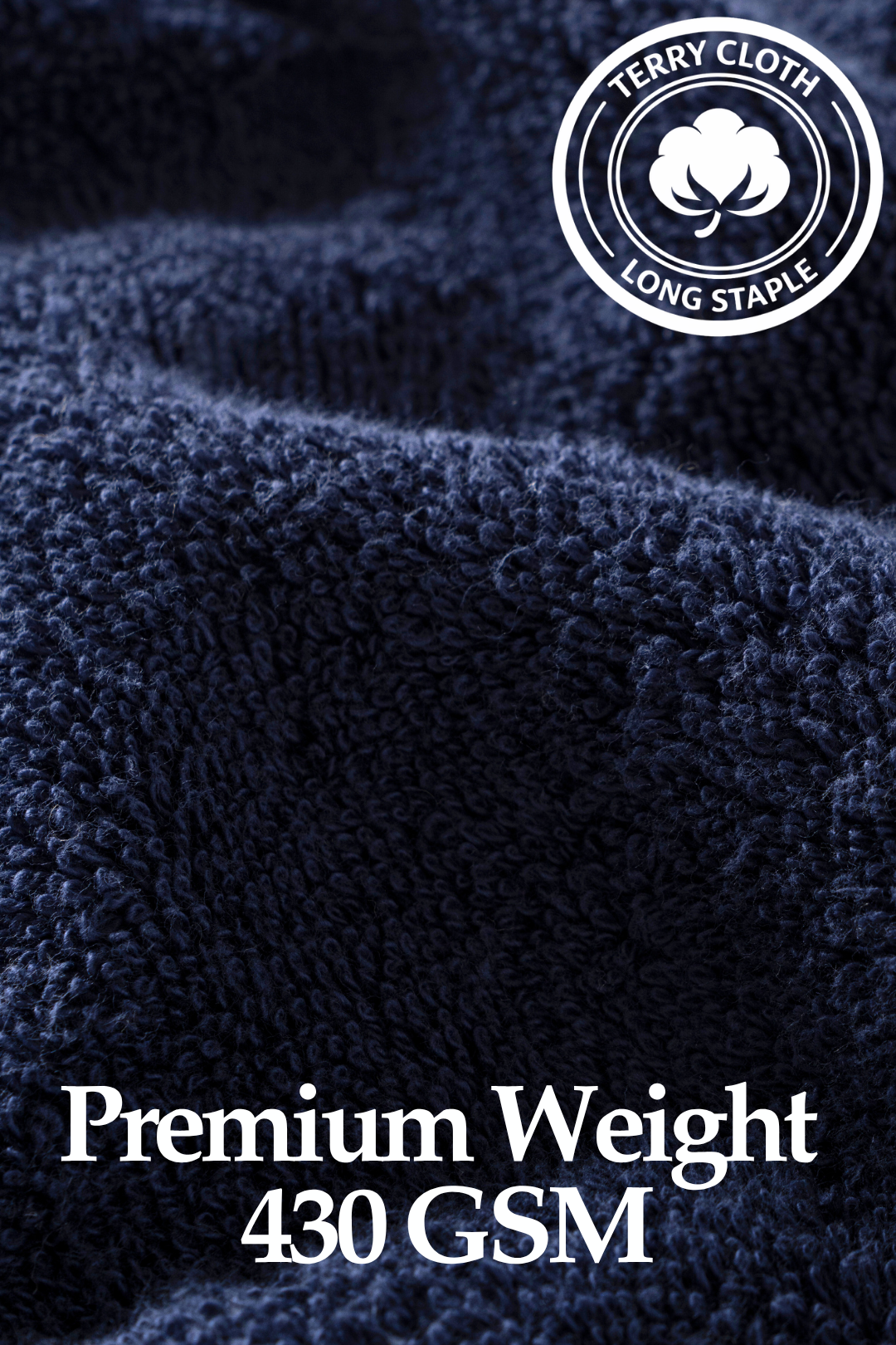 Close-up texture shot of the premium 430 GSM long-staple Turkish cotton terry cloth fabric in deep navy blue