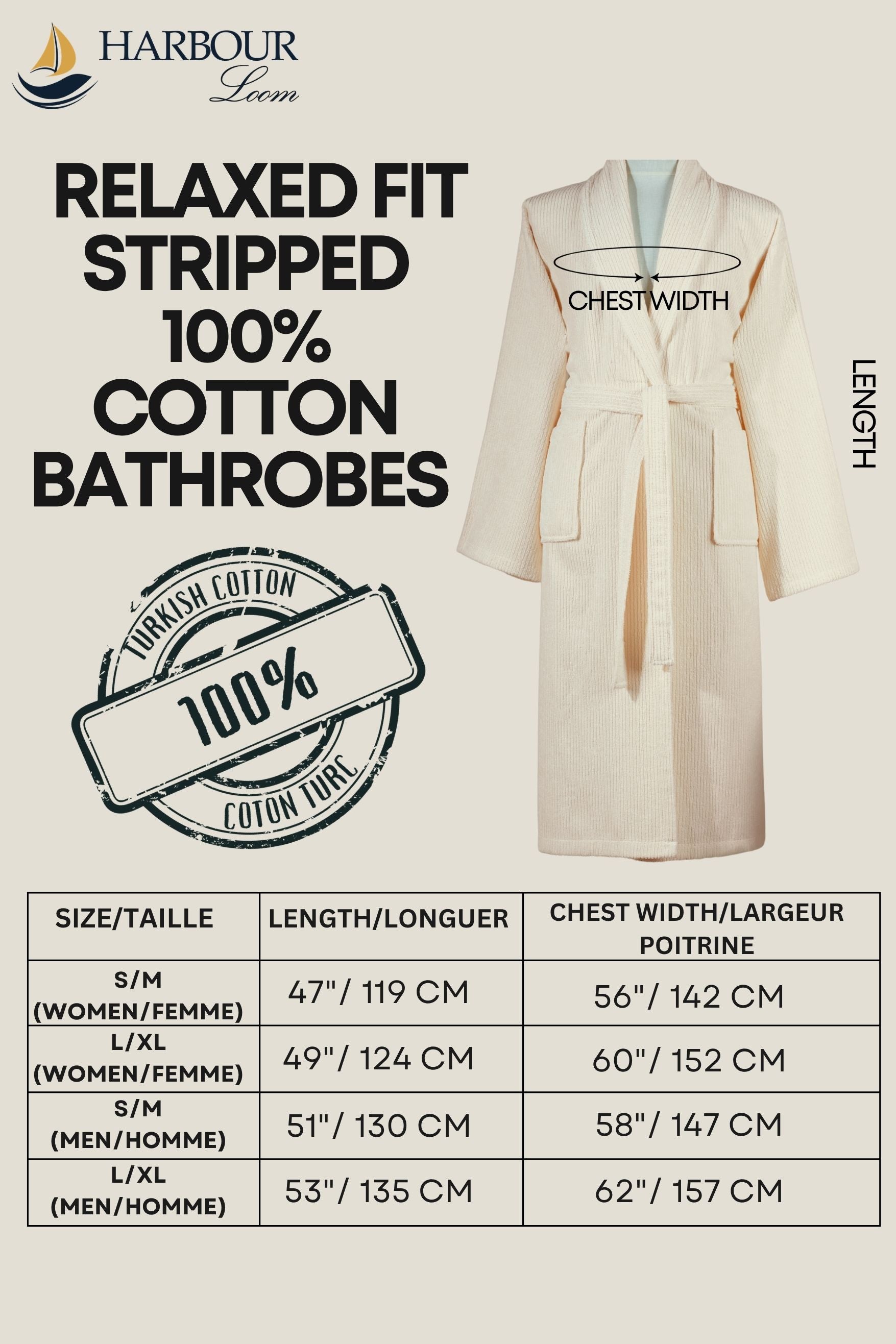 Cream beige stripped bathrobe size chart and fit guide with detailed measurement table for Harbour Loom textiles.