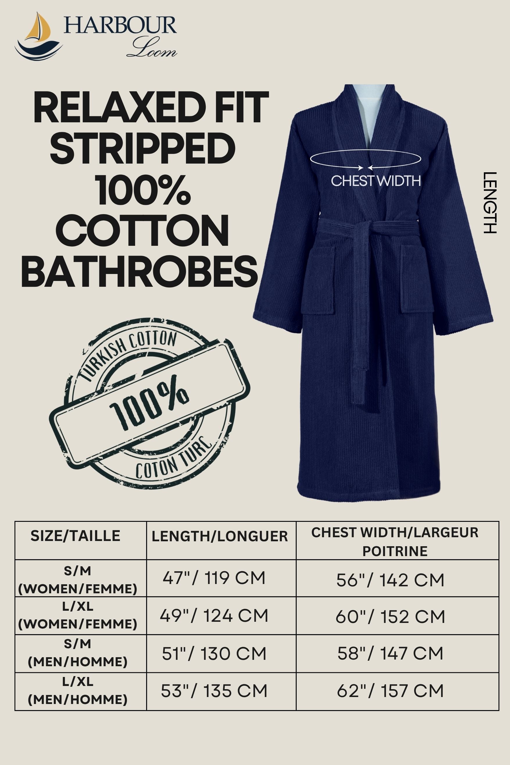 Navy blue bathrobe size guide infographic featuring length and chest width specs for various sizes in metric and imperial units.