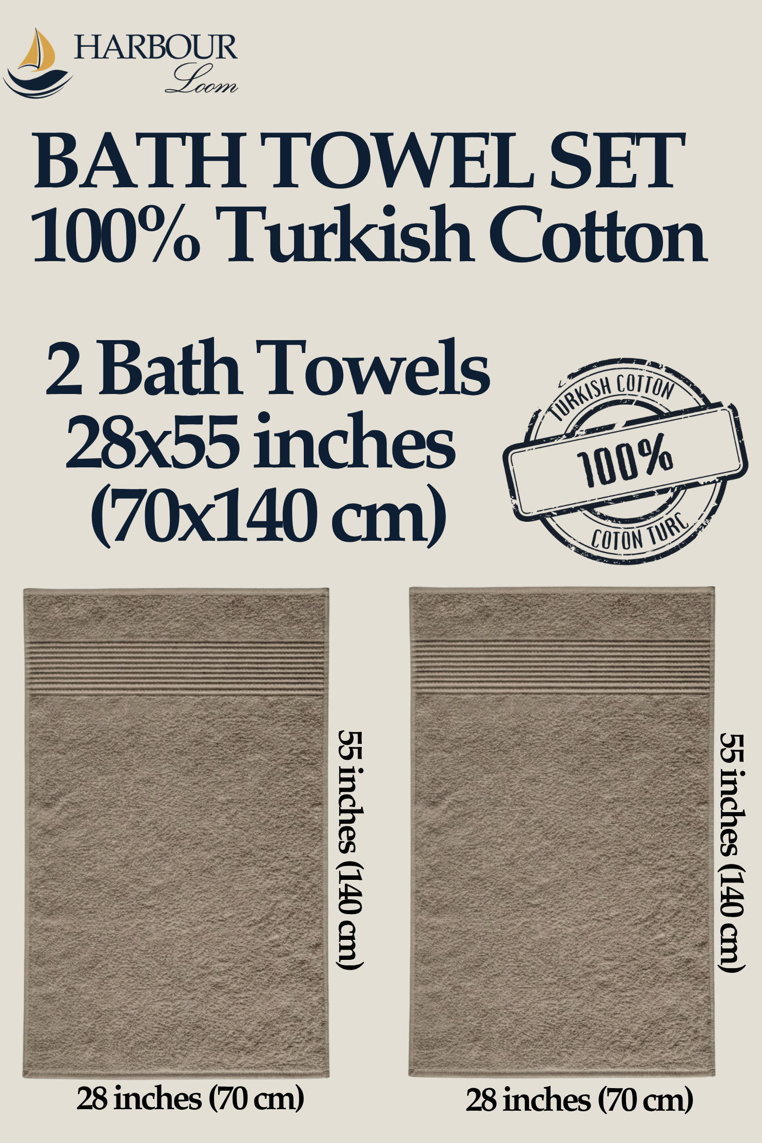 Bath towel set packaging with text and measurements on a beige background