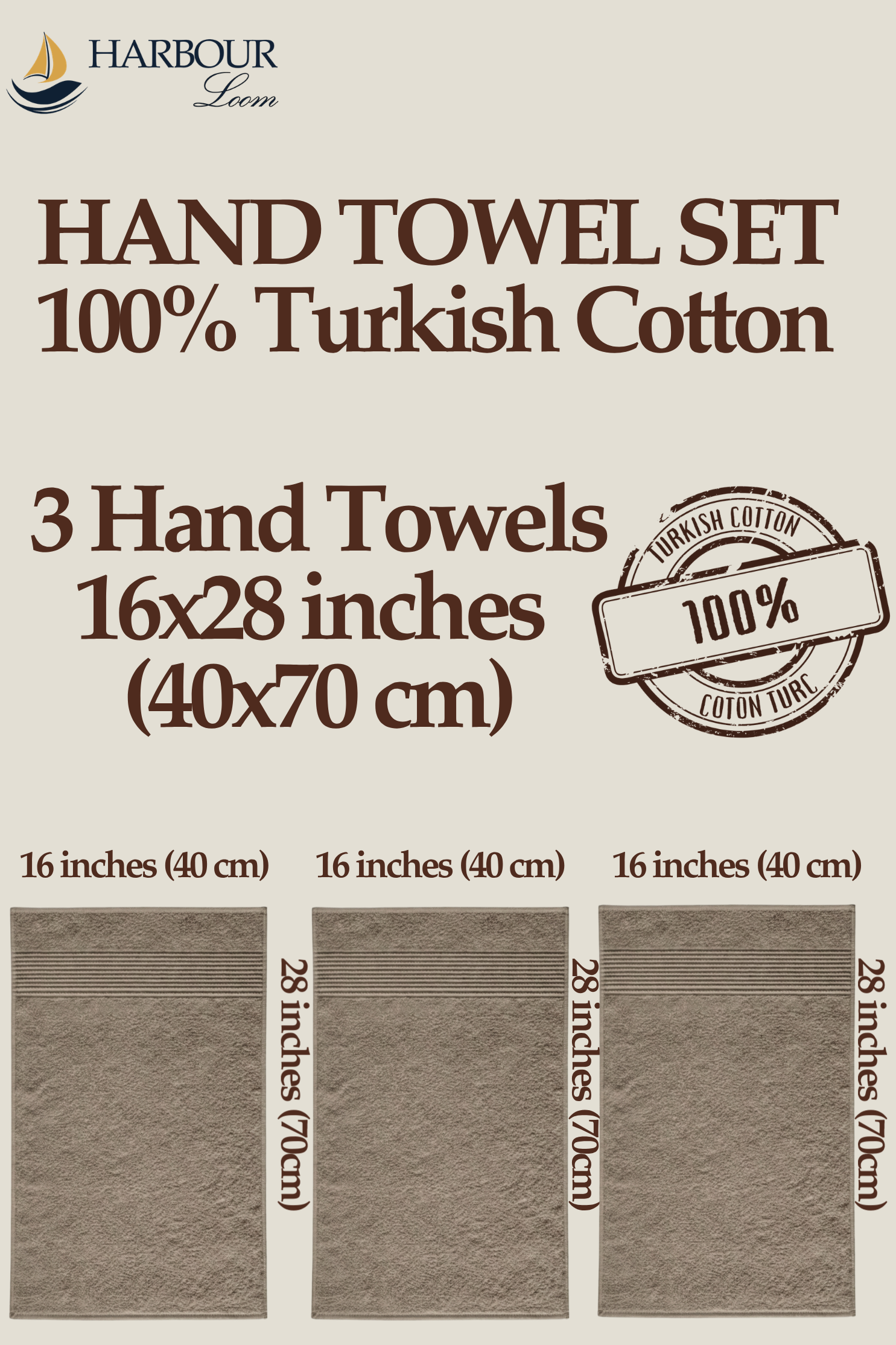 Hand towel set brown taupe packaging with dimensions and 100% Turkish Cotton label.