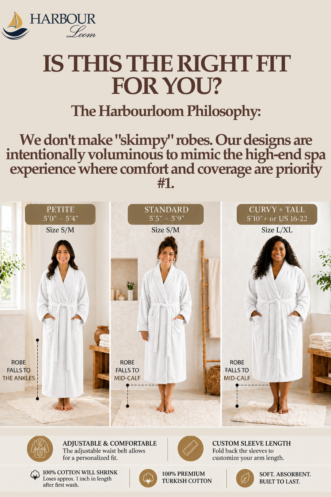 Harbour Loom robe size chart with models wearing robes in different styles and sizes.