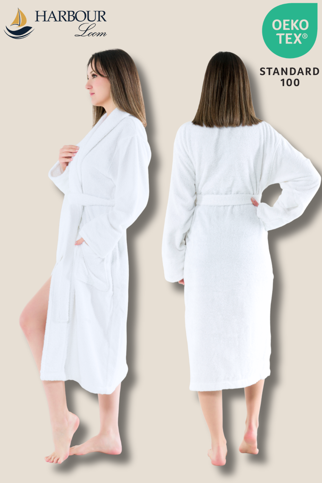 Woman wearing a white robe from front and back, with Harbour Loom and OEKO-TEX branding.