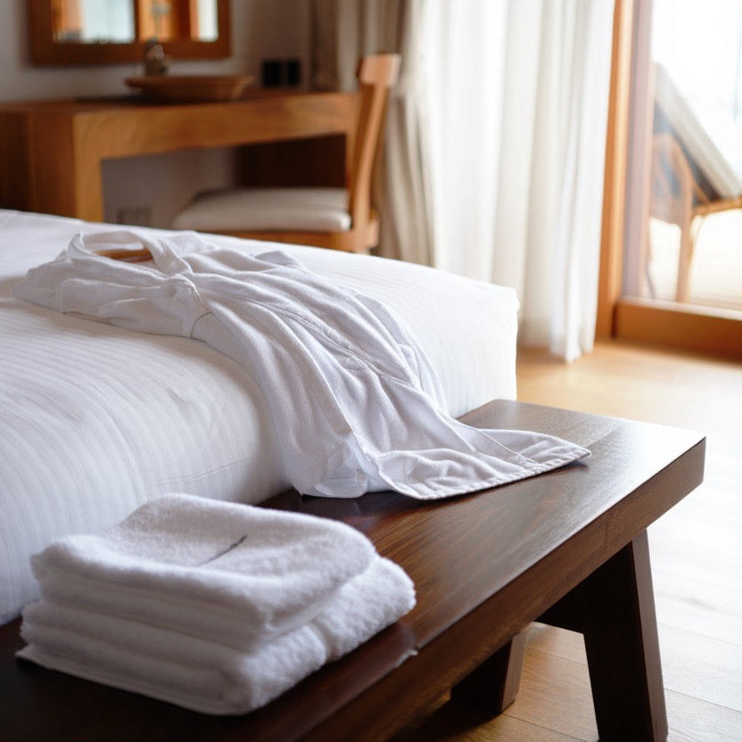A luxurious white bathrobe draped over a crisp hotel bed, with a neatly folded stack of plush white towels on a wooden bench. Natural light streams through sheer curtains, evoking a serene and elegant hospitality setting.