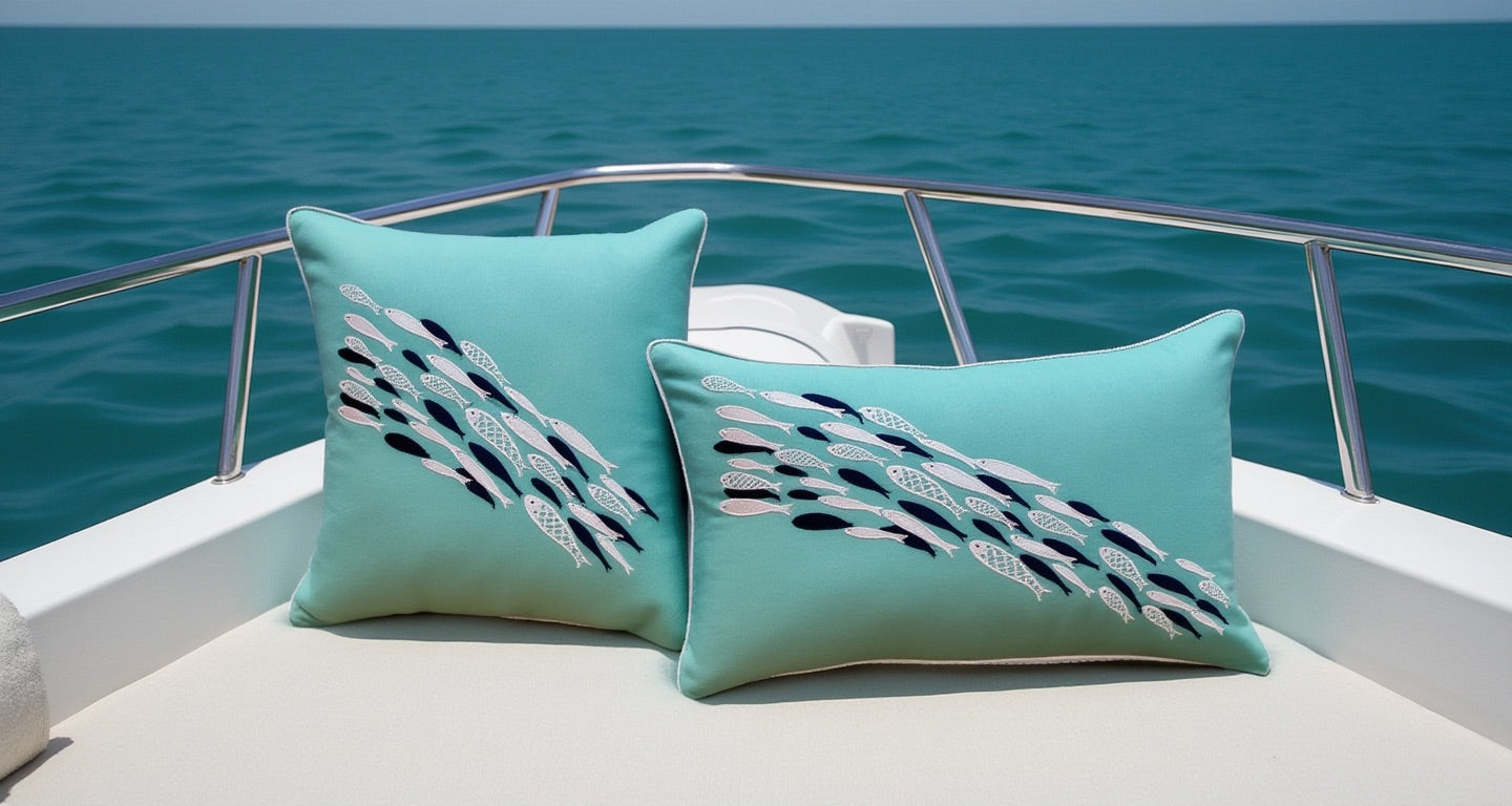 Aqua Dance pillows on boat deck 