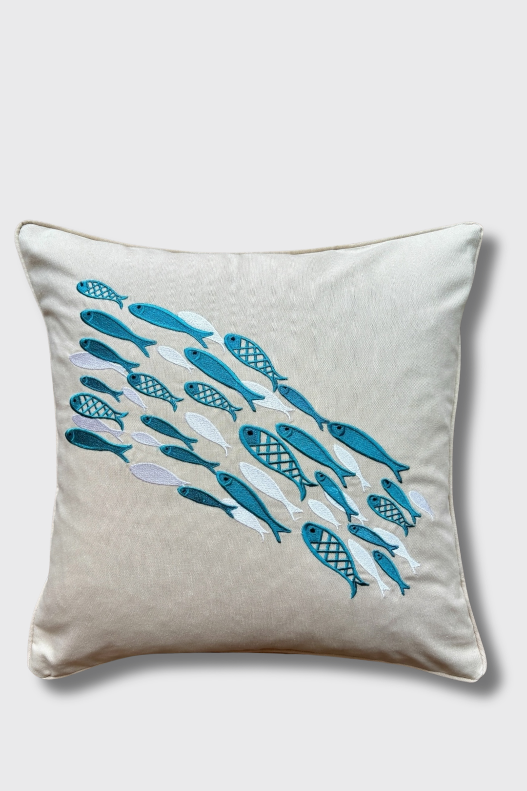 Aqua Dance Embroidered Pillow Cover – Sand | 18x18"