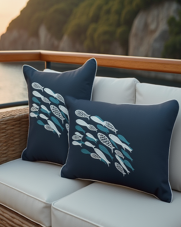 Two navy blue Harbourloom outdoor cushions with embroidered fish patterns rest on a woven rattan sofa overlooking the sea at sunset.
