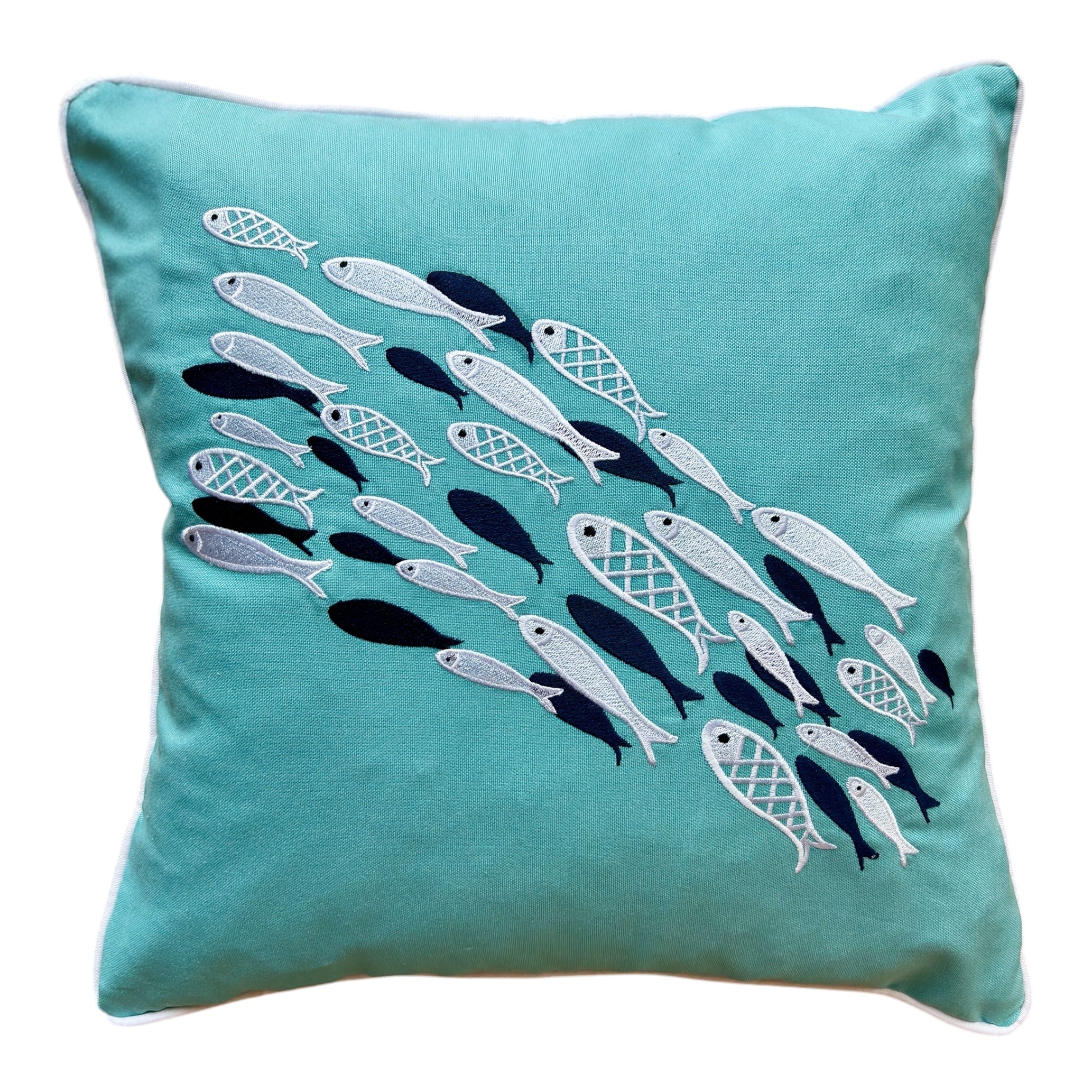Aqua Dance decorative pillow in turquoise color, measuring 17.7 by 17.7 inches, featuring three overlapping teal fish-shaped embroidery designs on a square fabric.