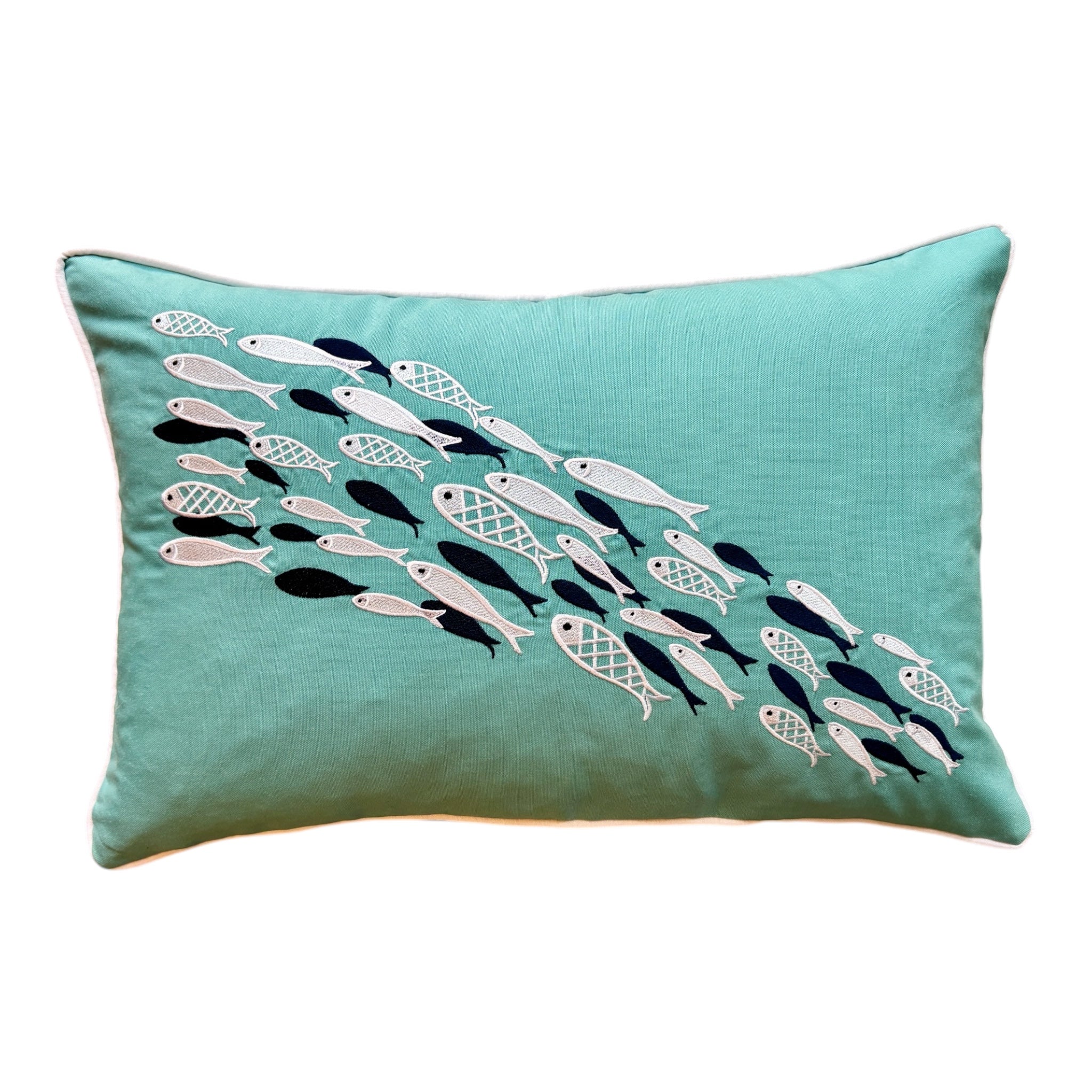 Aqua Dance decorative pillow in turquoise, measuring 14 x 20 inches (35 x 50 cm), designed for life at sea. Made from durable linen with a tailored finish, it combines refined style with practical function aboard boats and sailboats. The serene turquoise tone reflects the colors of open water, bringing a sense of calm and cohesion to nautical interiors.