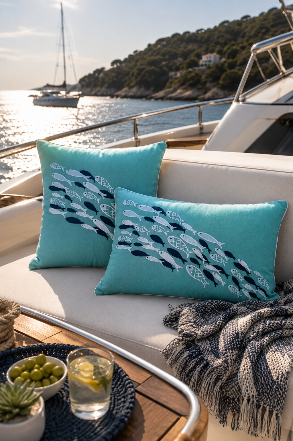 Aqua Dance Embroidered Pillow Cover – Turquoise | 18x18"