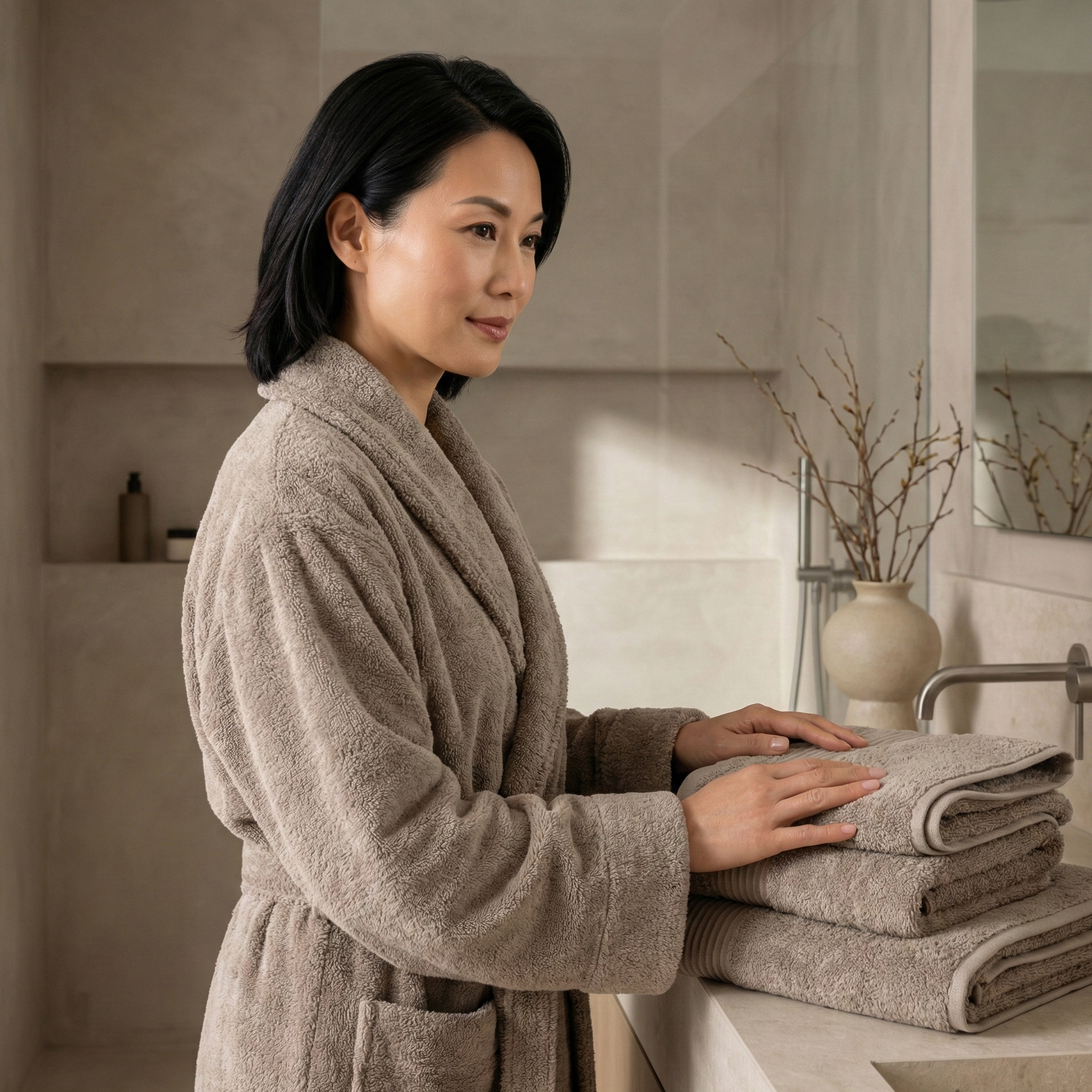 Woman in a beige robe holding folded towels in a bathroom.