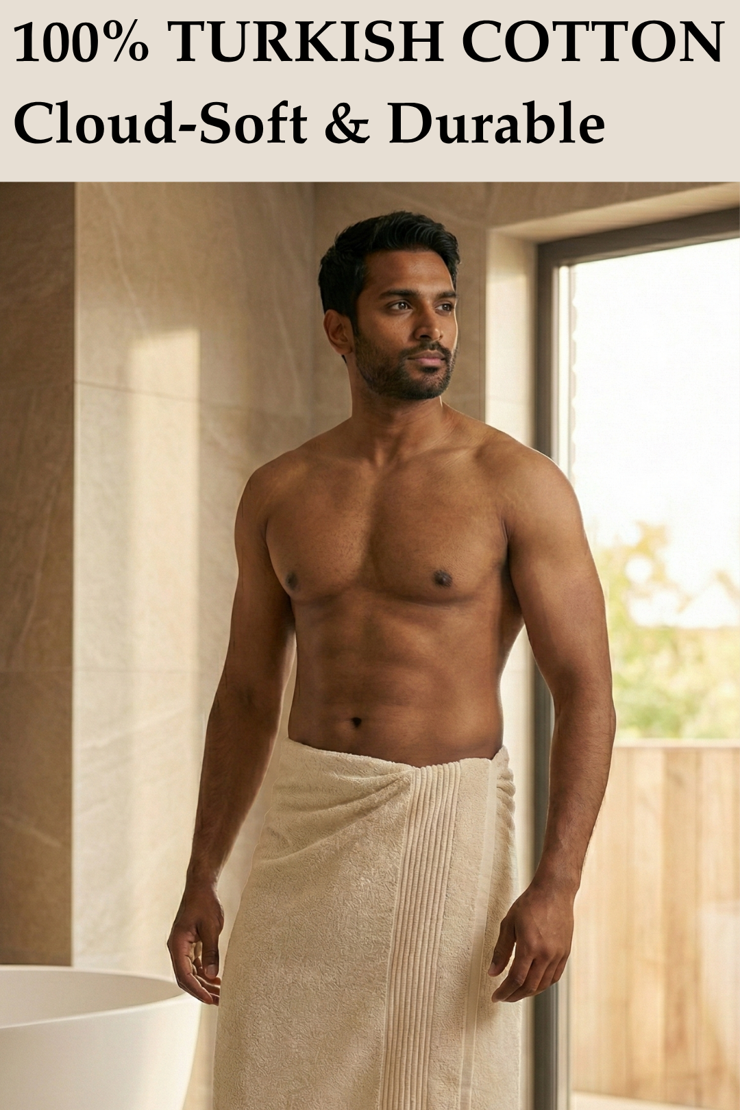 A man wrapped at the waist in a "Bath Towel Harbourloom Cream Ivory 600 GSM super absorbent.jpg", demonstrating the large size and durable 100% Turkish cotton construction.