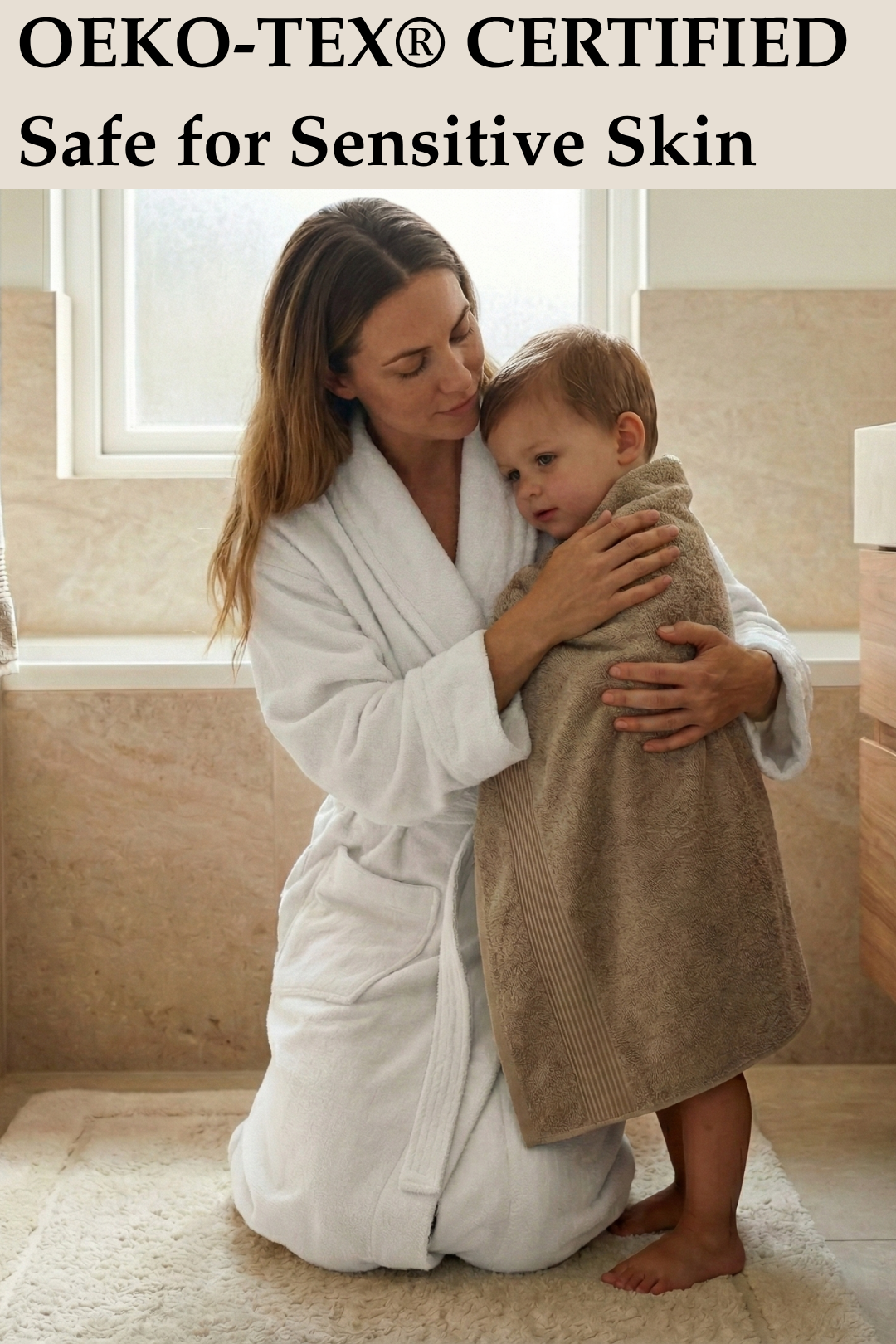 A mother hugging her child wrapped in a "Bath Towel Harbourloom Taupe Brown 600 GSM super soft big size absorbent 100% cotton.jpg", showing the oversized dimensions perfect for family use.