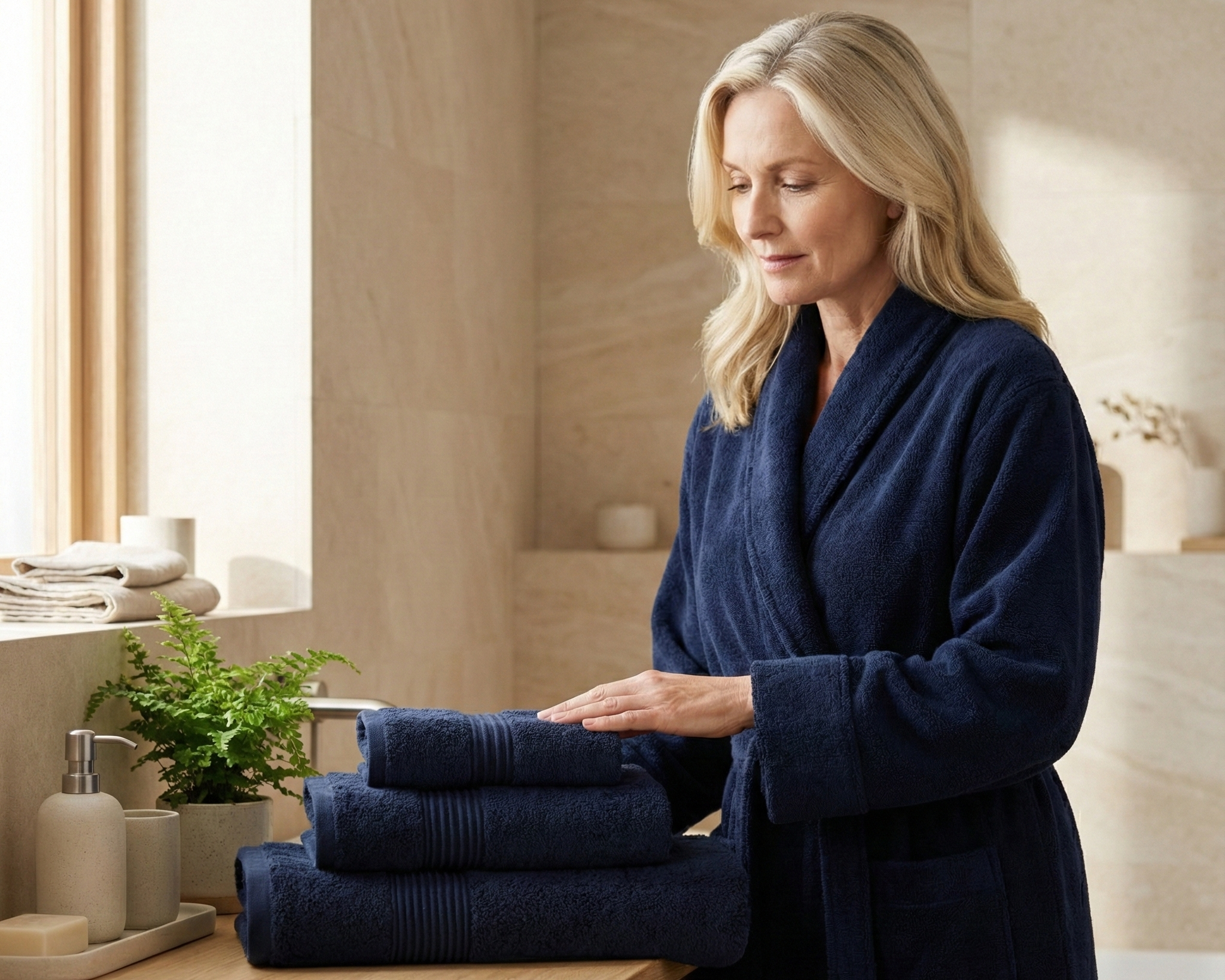 Woman in a navy robe folding towels in a bathroom.